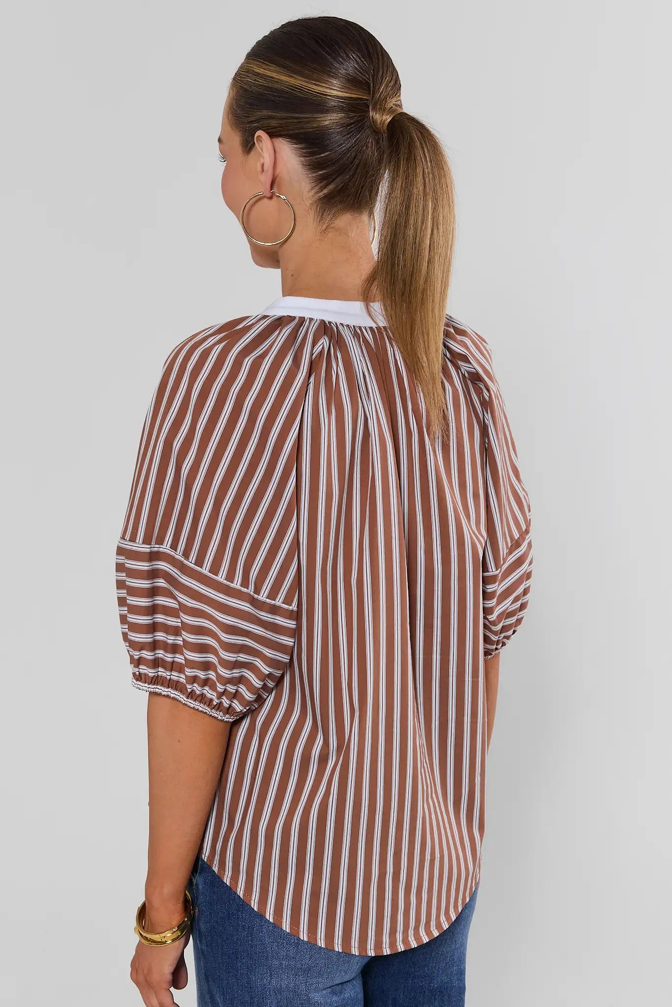 Brown Striped Contrast Trim Top