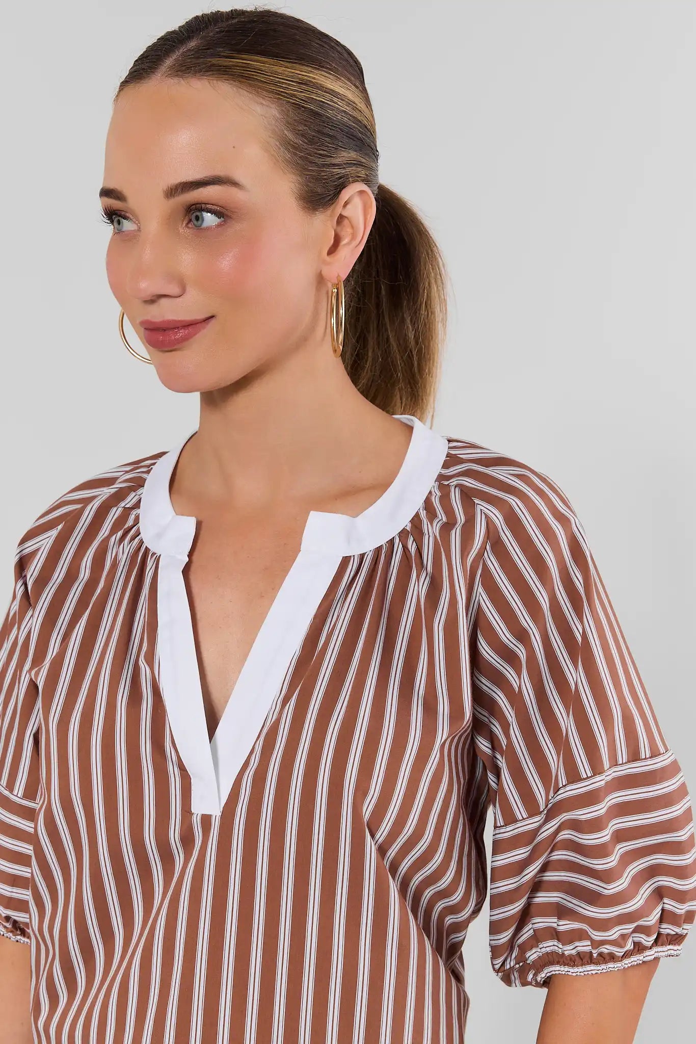 Brown Striped Contrast Trim Top
