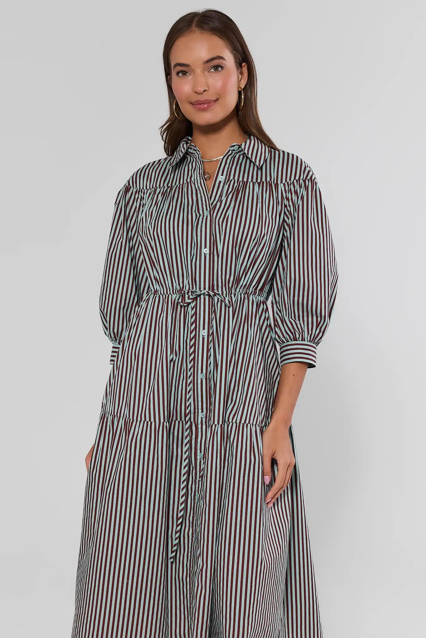 Brown Striped Button Up Midi Dress