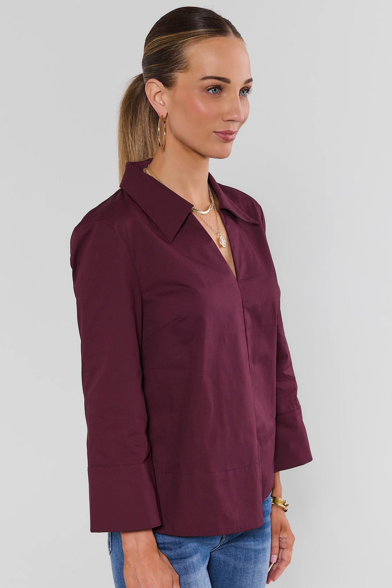 Maroon Split Neck Collared Top