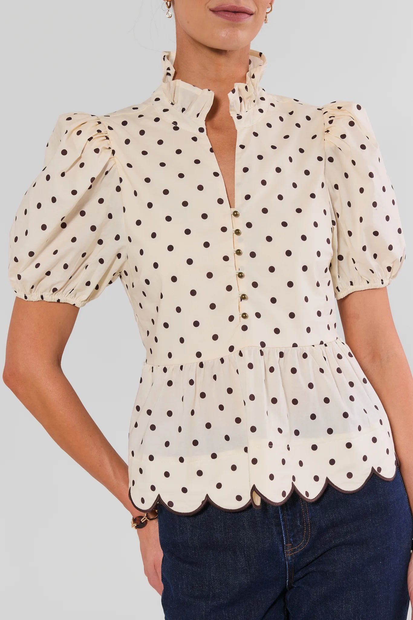 White Polka Dot Scalloped Peplum Top