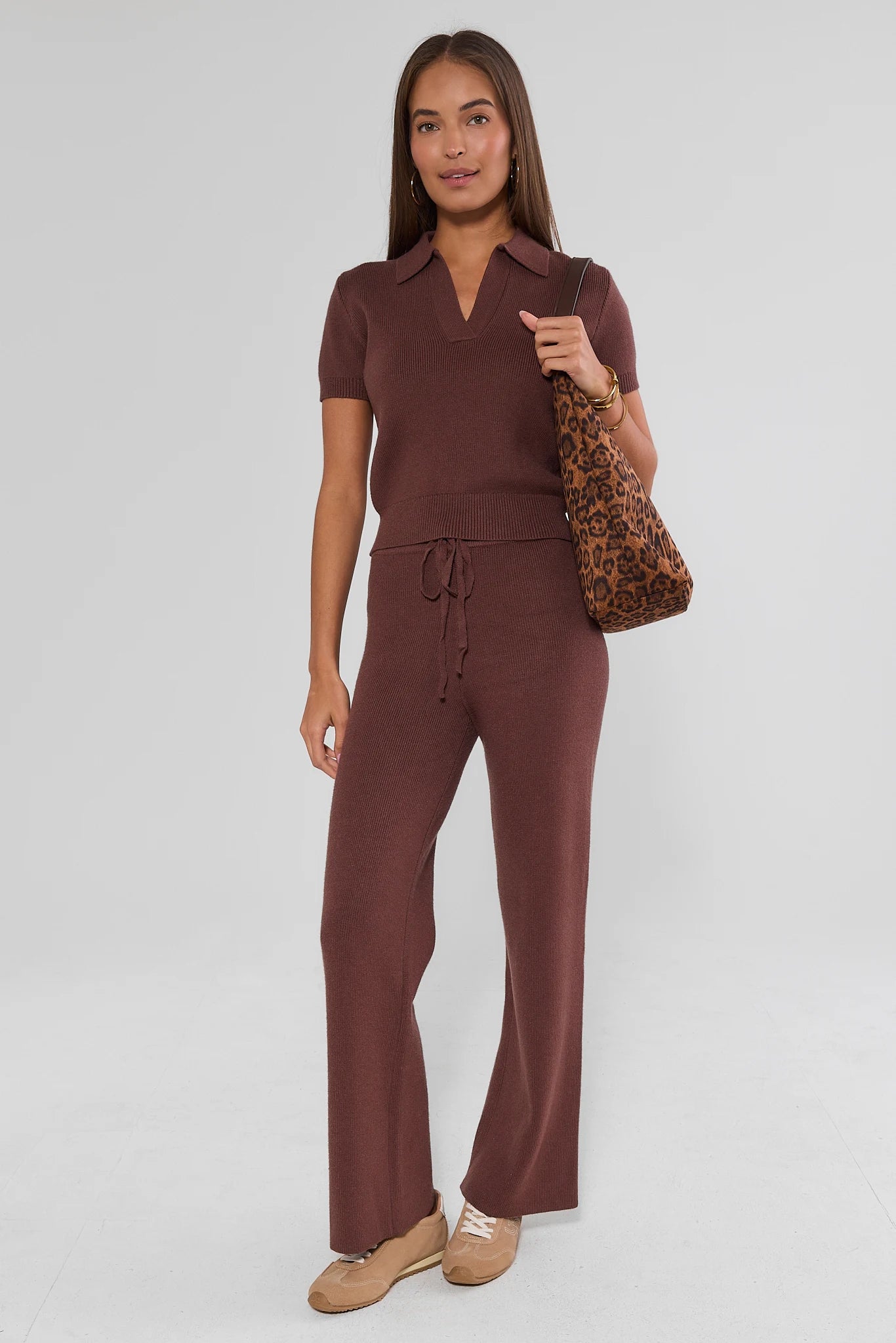 Brown Knit Wide Leg Lounge Pants