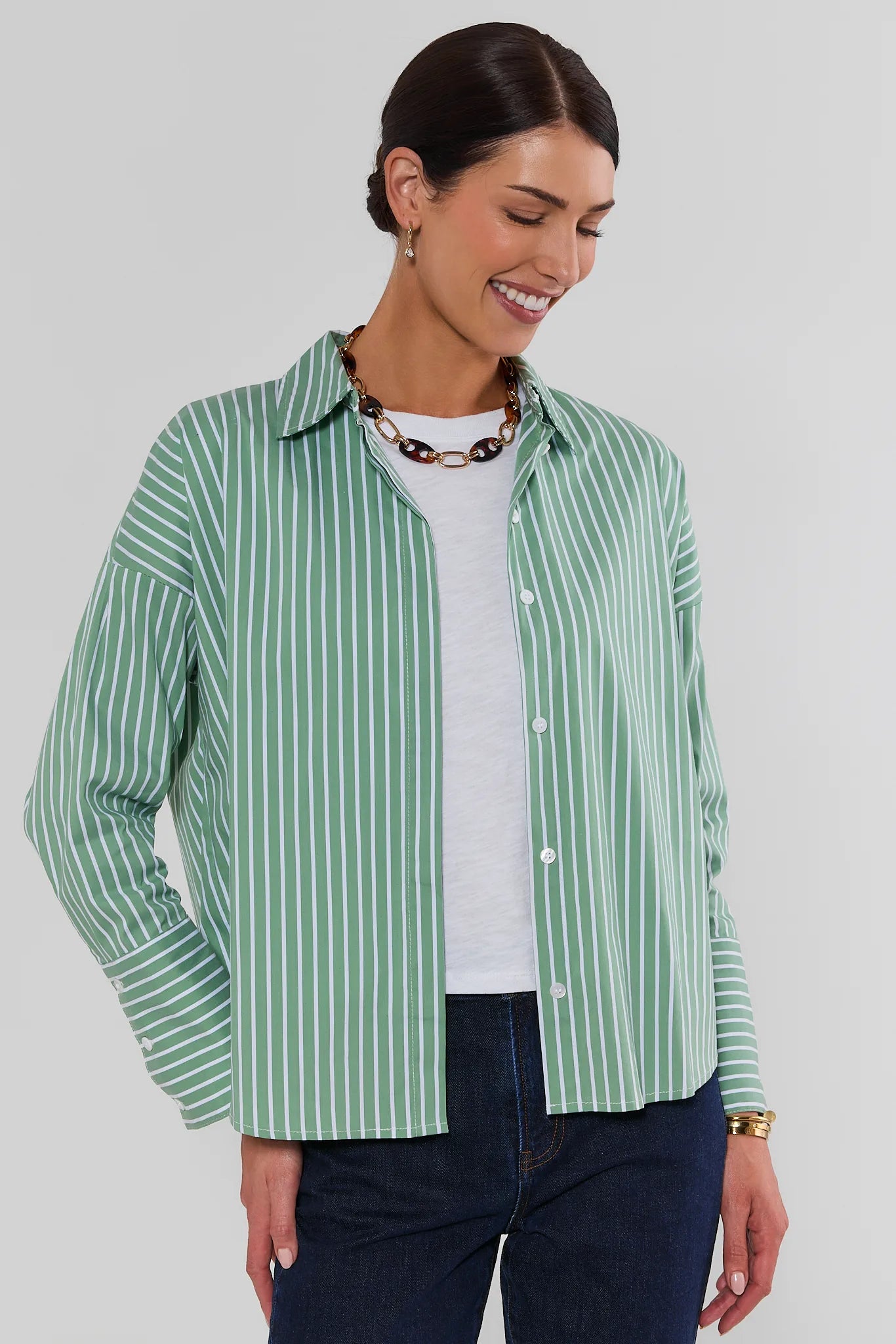 Green Striped Button Up Top