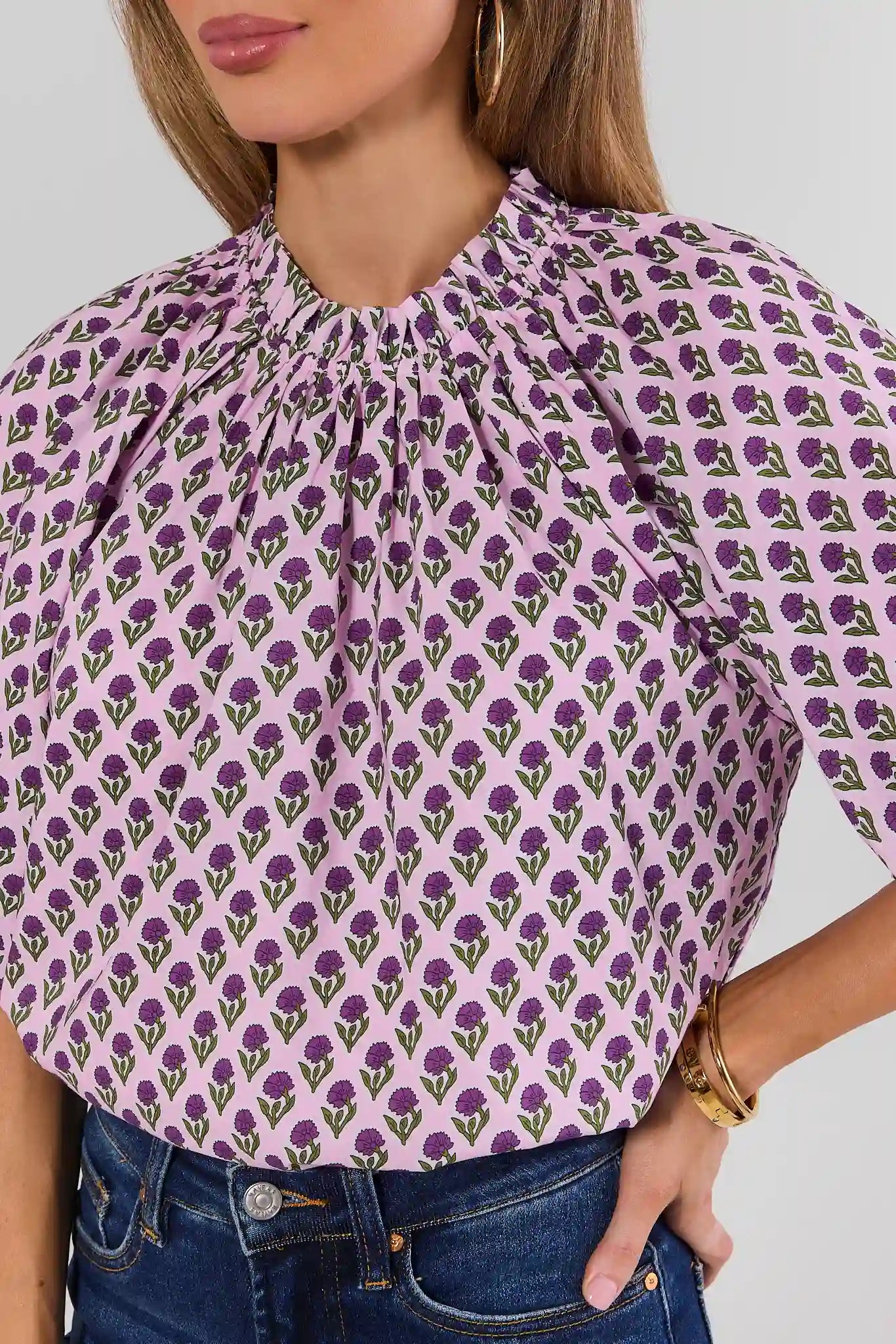 Purple Block Print Gathered Top