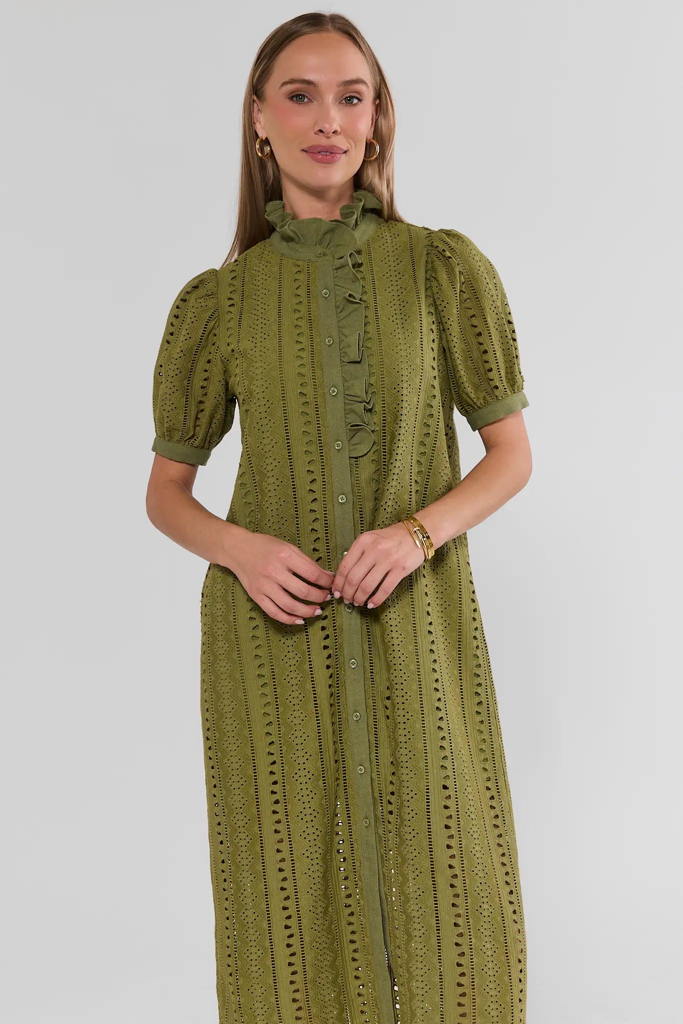 Green Eyelet Button Up Maxi Dress
