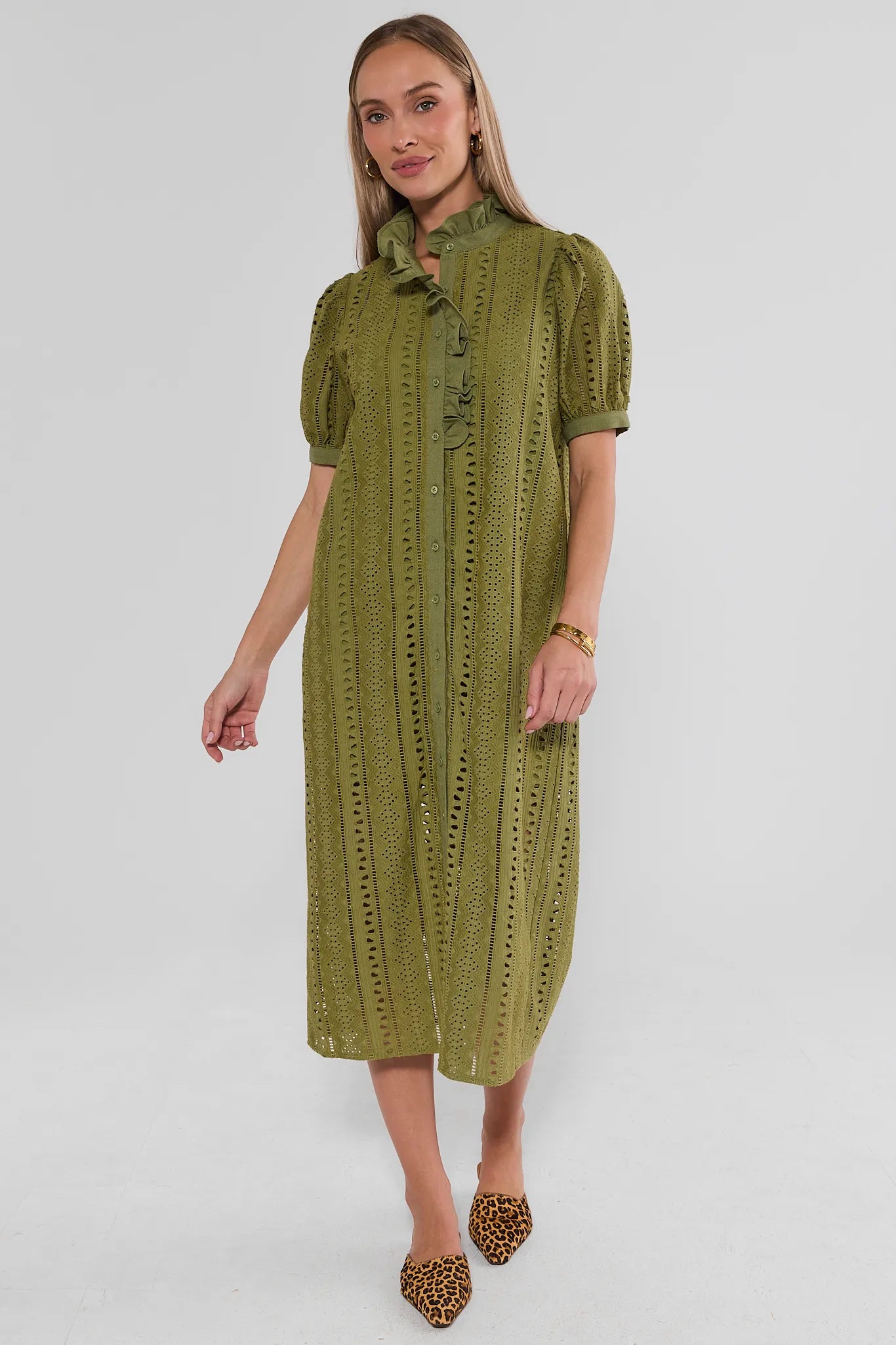 Green Eyelet Button Up Maxi Dress