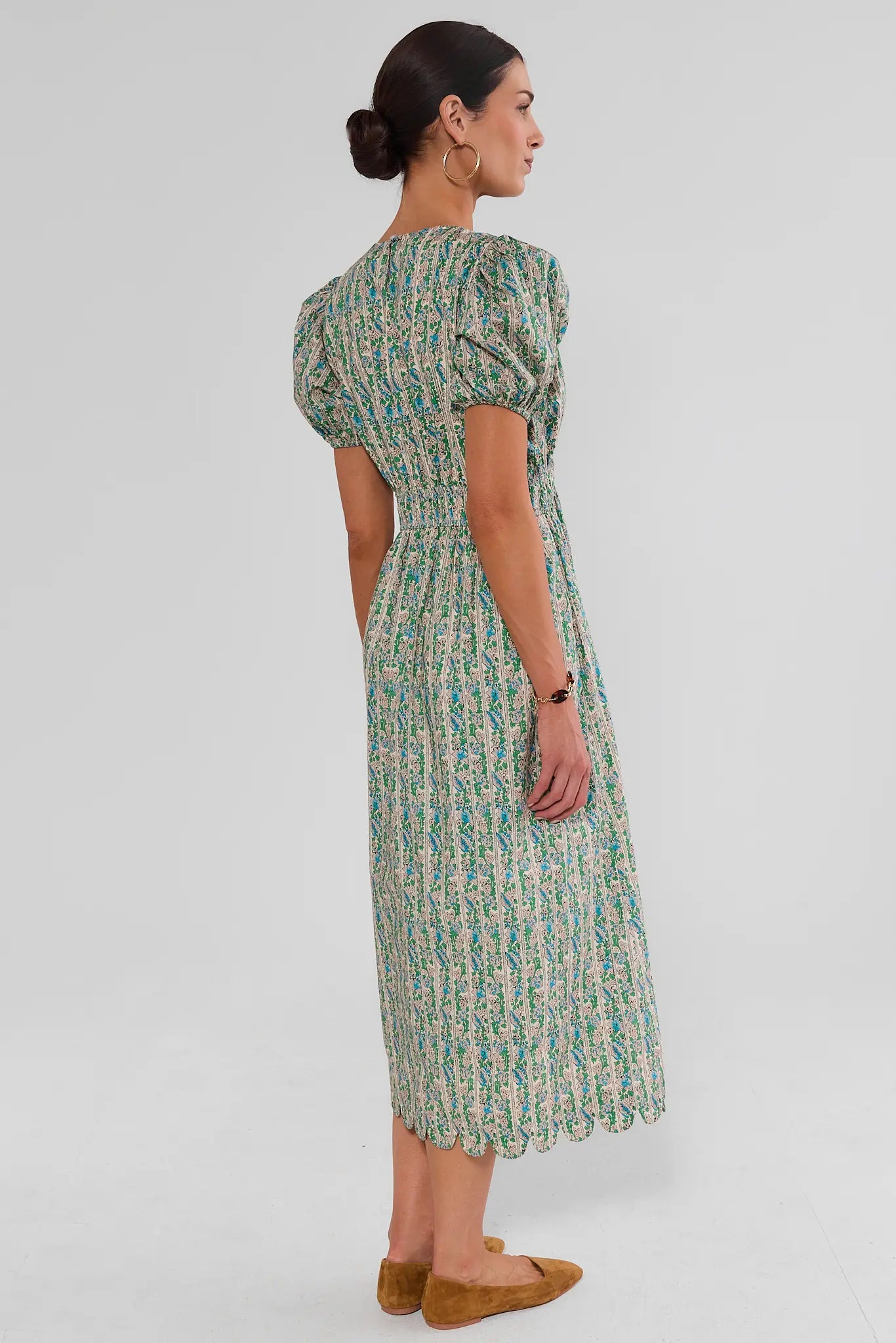 Green Floral Scalloped Hem Midi Dress
