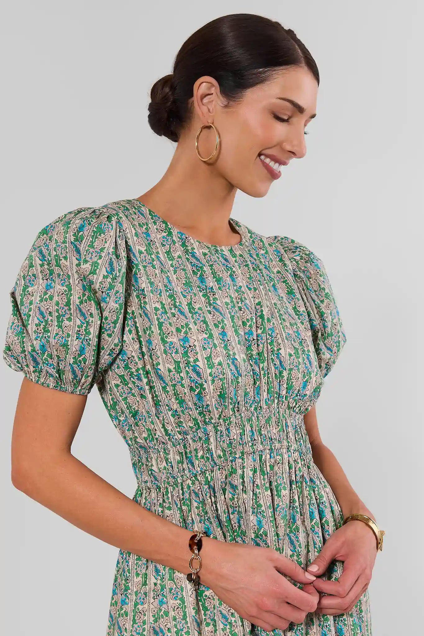 Green Floral Scalloped Hem Midi Dress