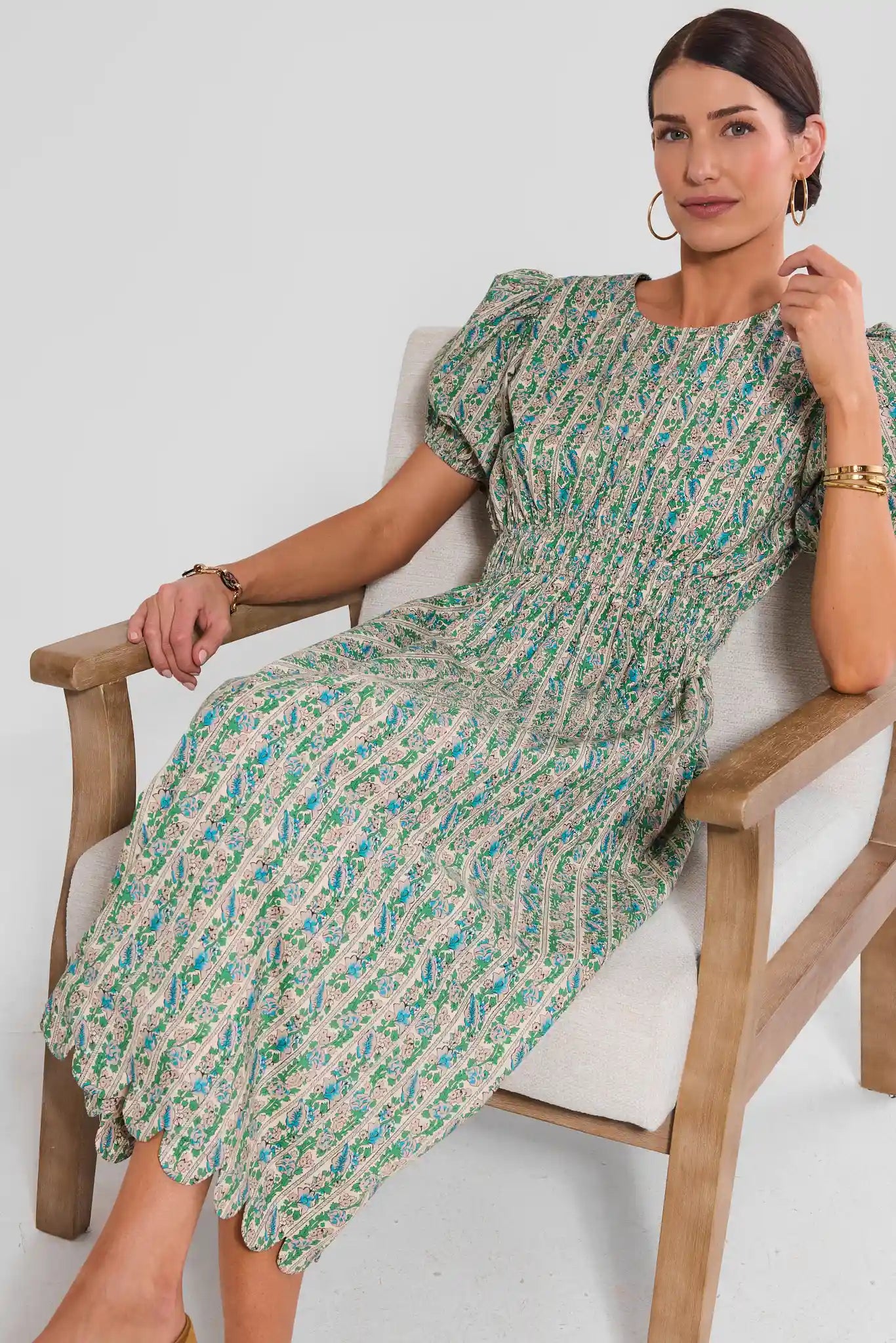 Green Floral Scalloped Hem Midi Dress