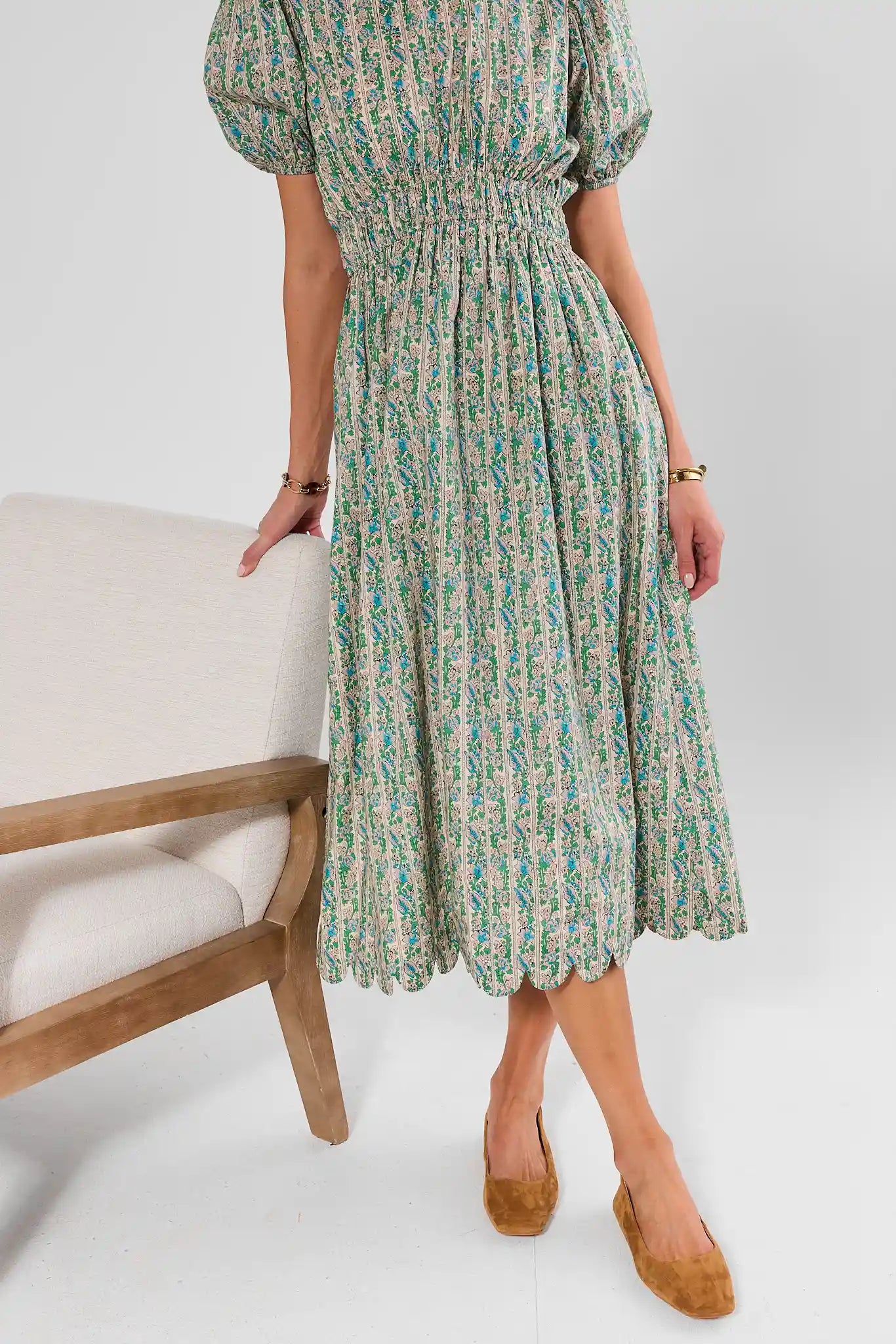 Green Floral Scalloped Hem Midi Dress
