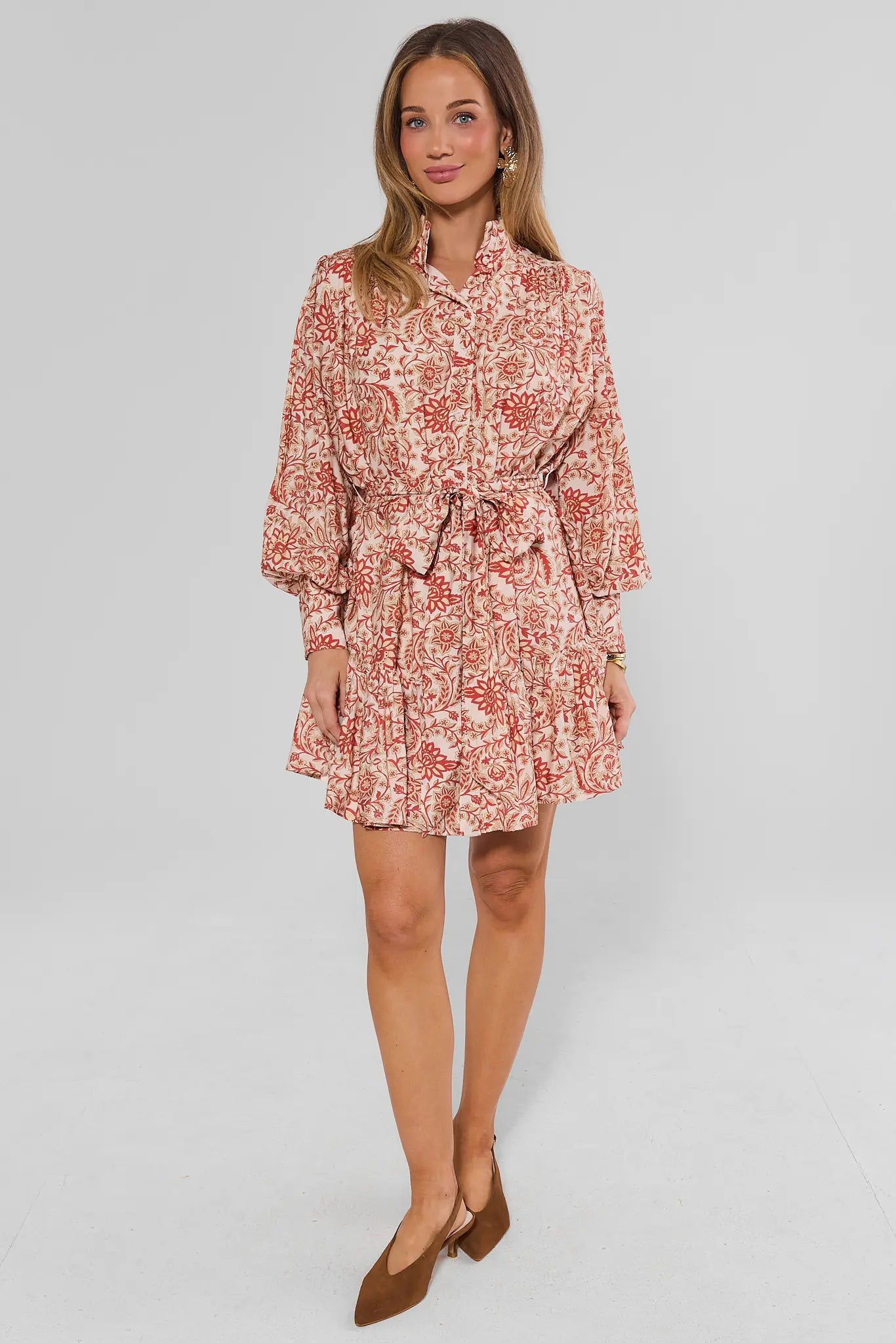 Orange Floral Tie Waist Short Dress