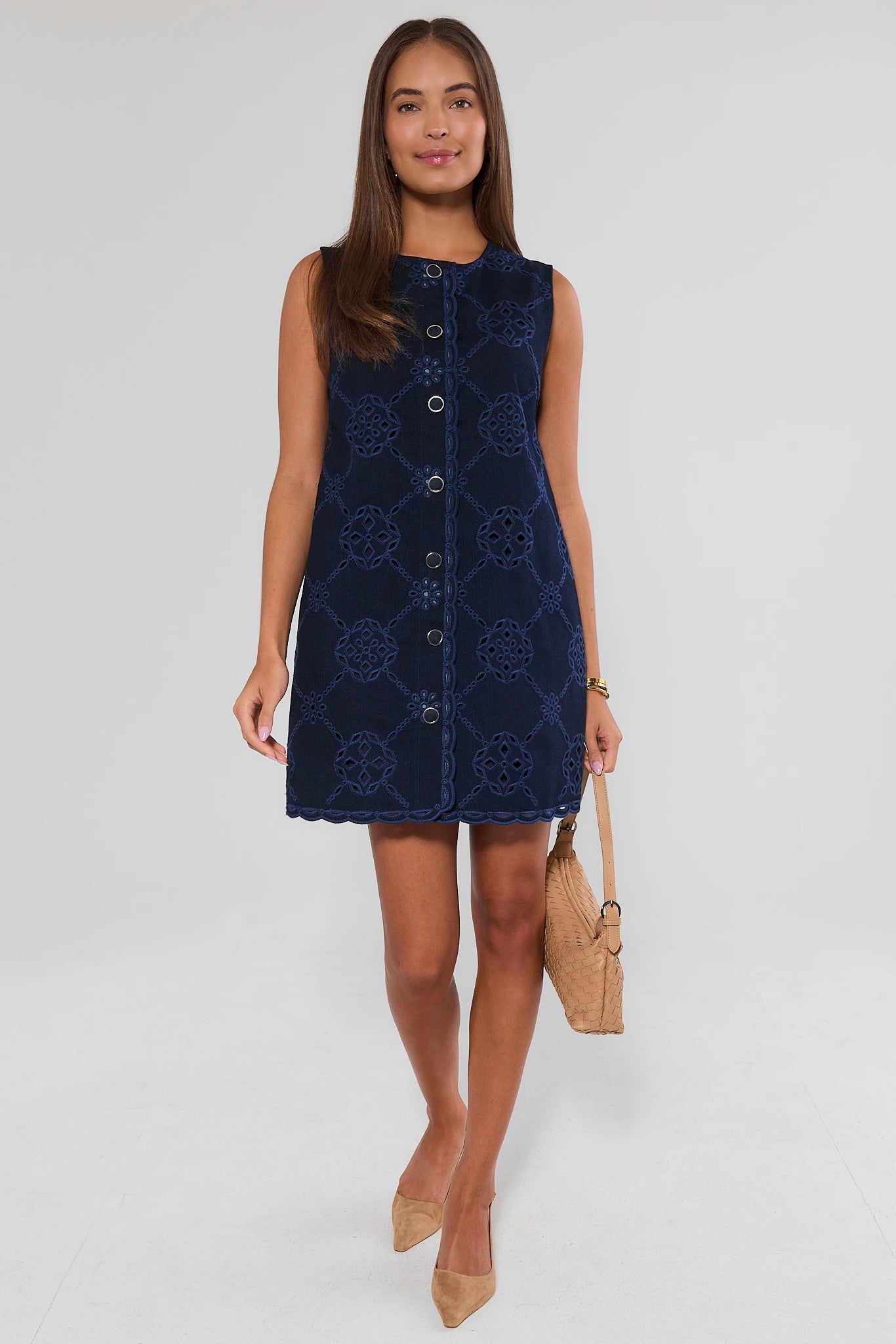 Navy Eyelet Button Up Short Dress