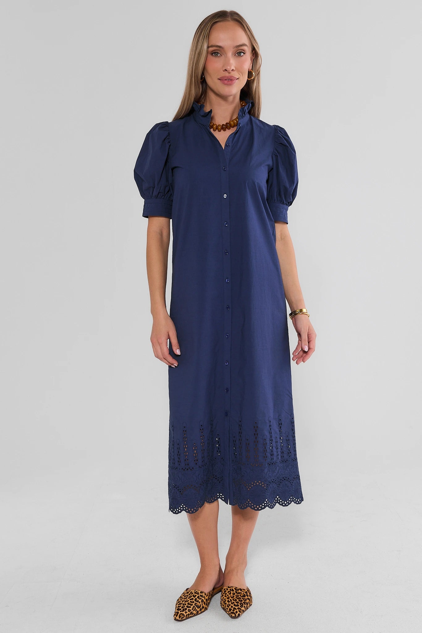 Navy Eyelet Trim Maxi Dress