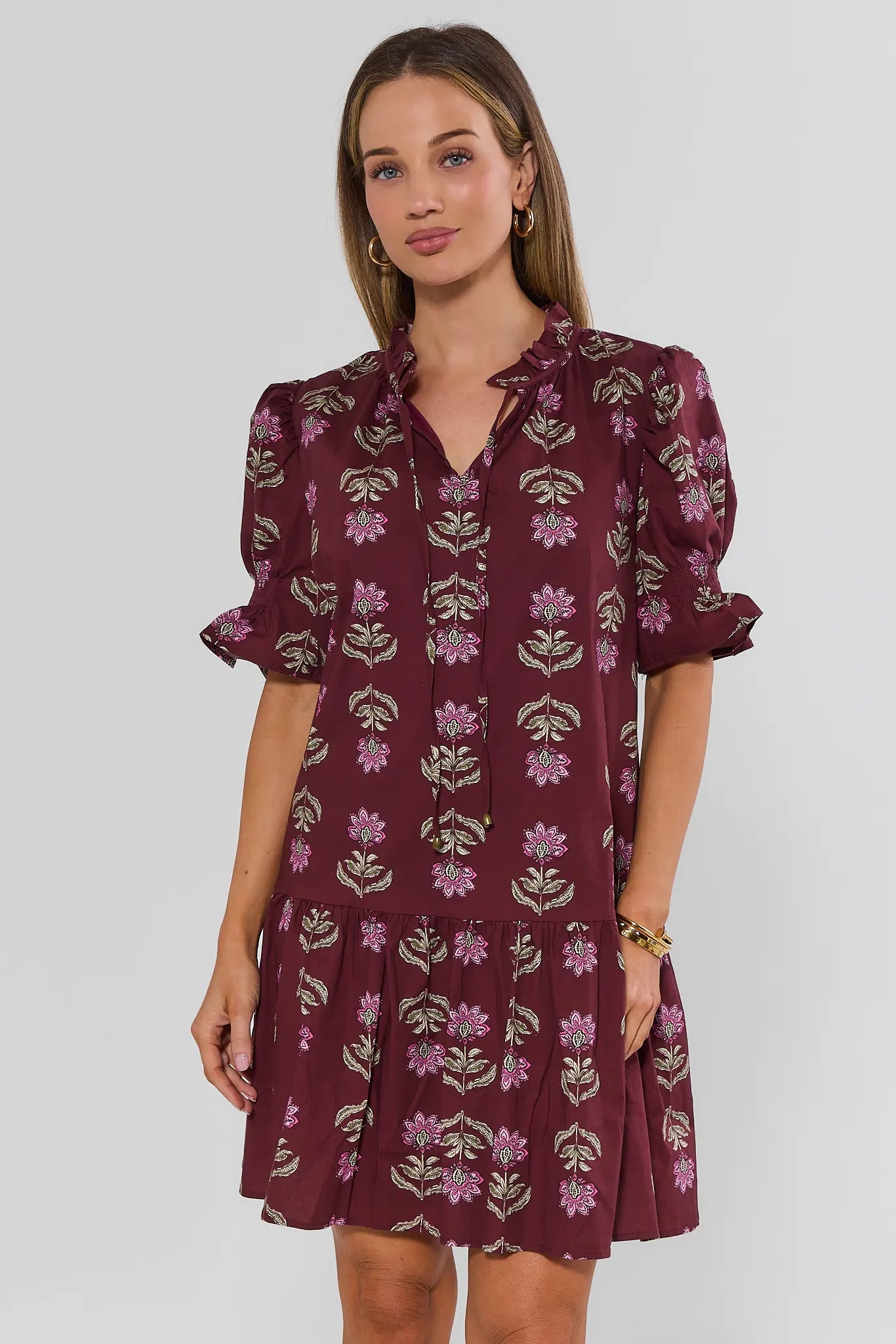 Ariel Burgundy Floral Print Short Dress