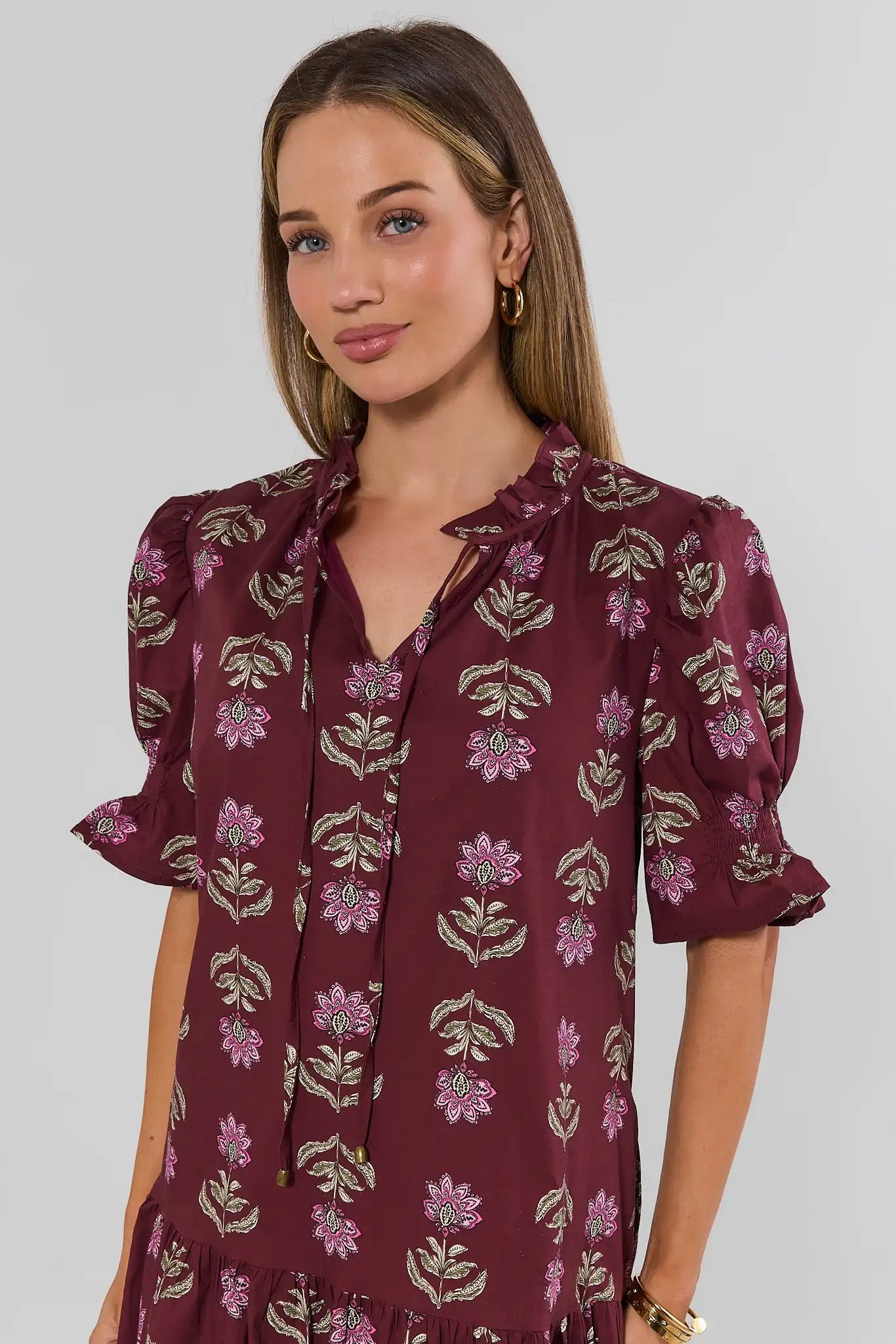 Ariel Burgundy Floral Print Short Dress