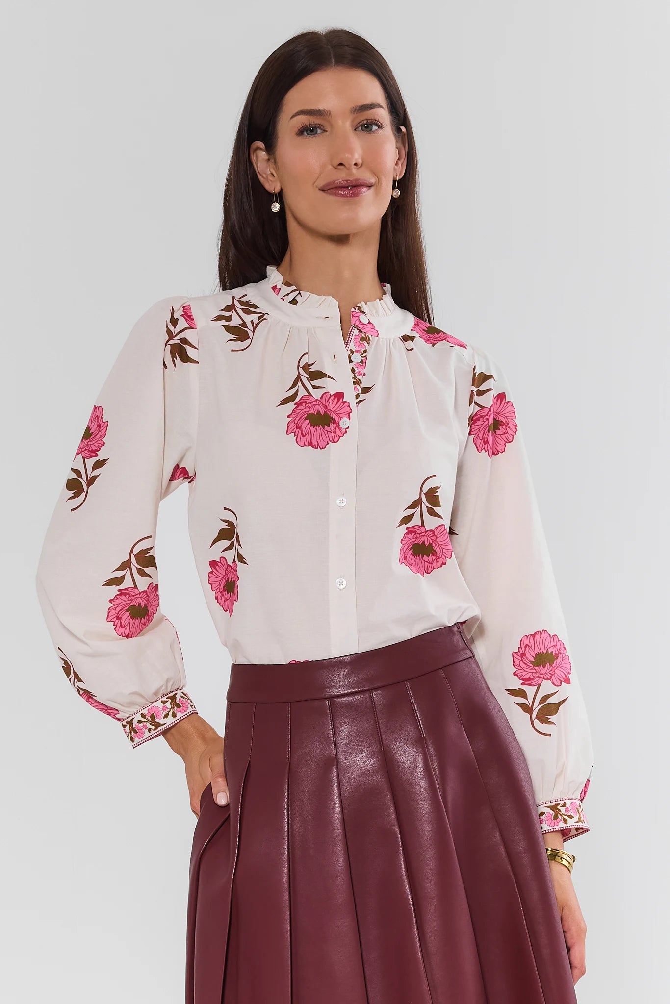 White Floral Button Up Top by THML