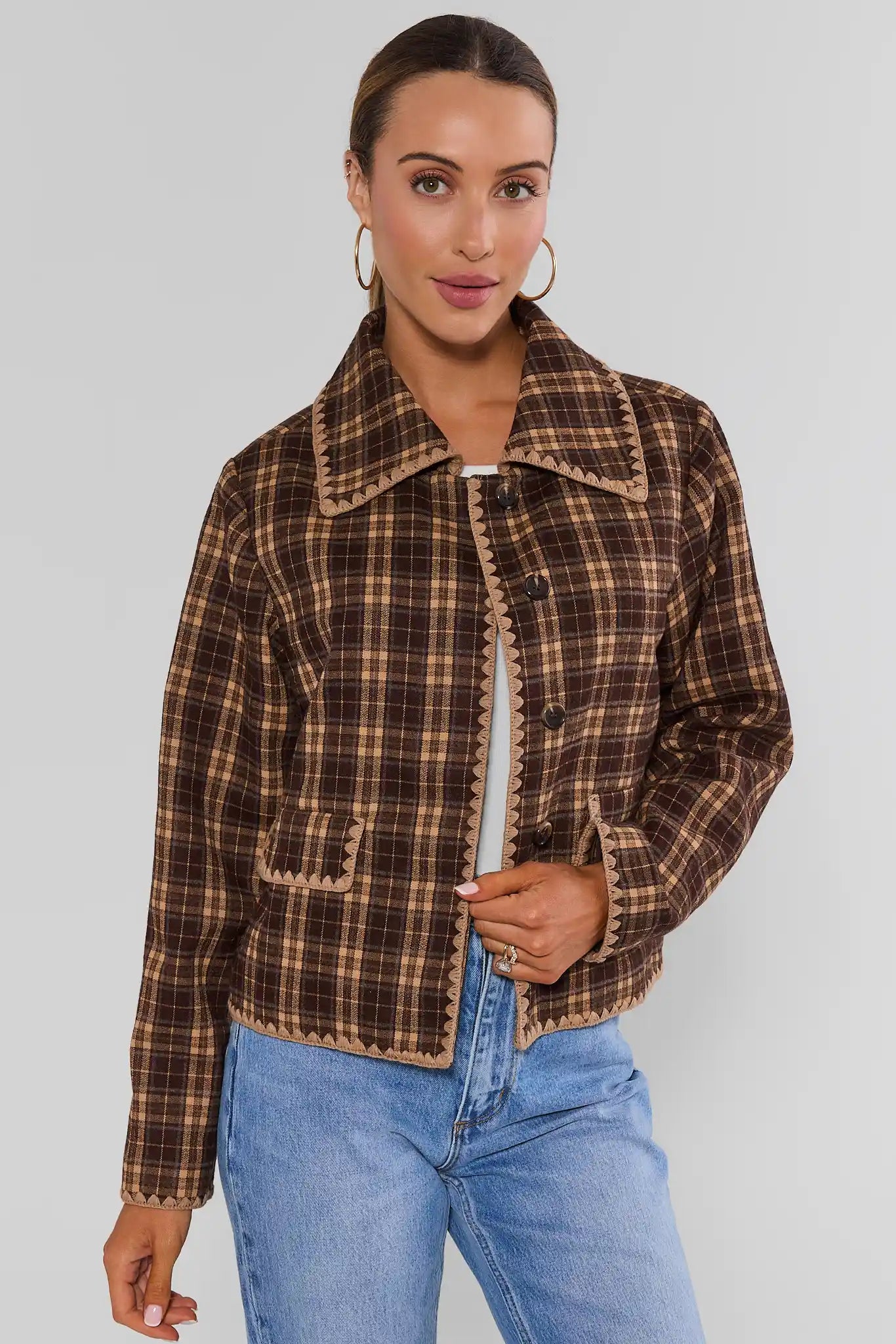 Brown Plaid Embroidered Trim Jacket