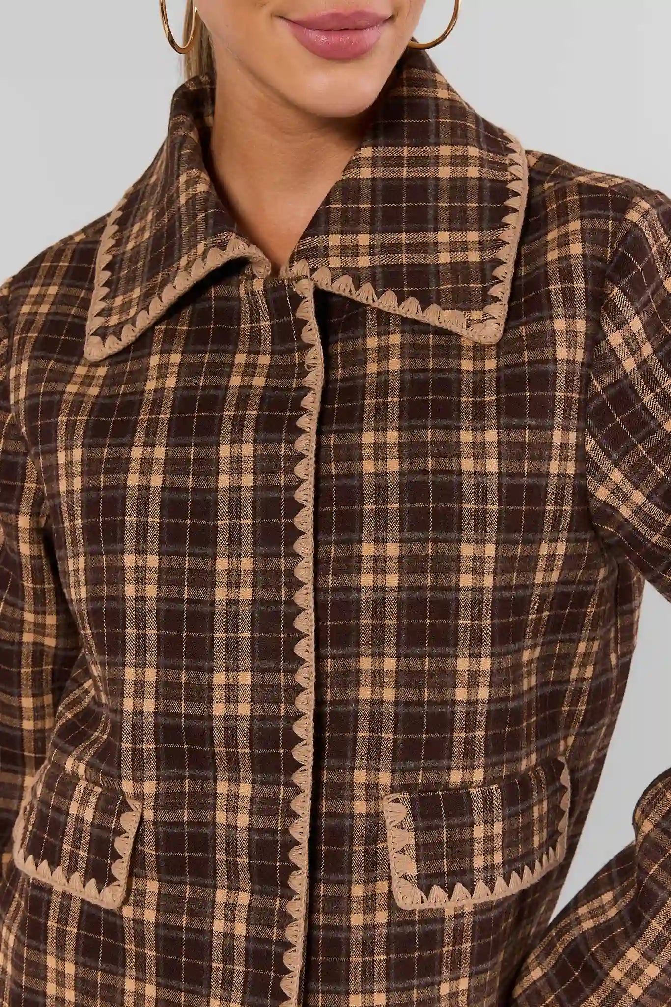Brown Plaid Embroidered Trim Jacket