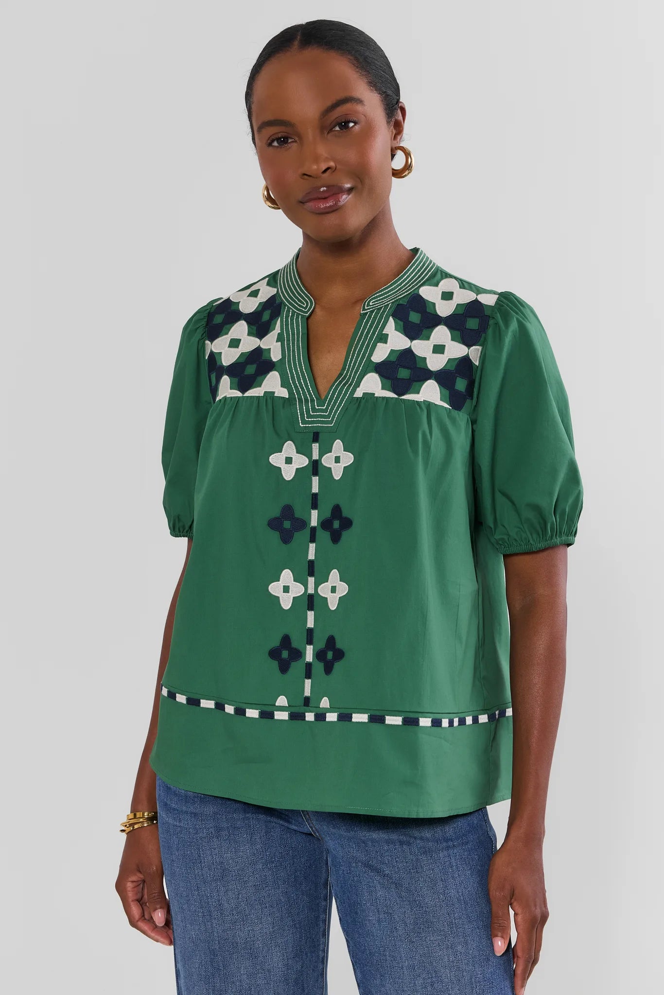 Green Contrast Embroidery Split Neck Top