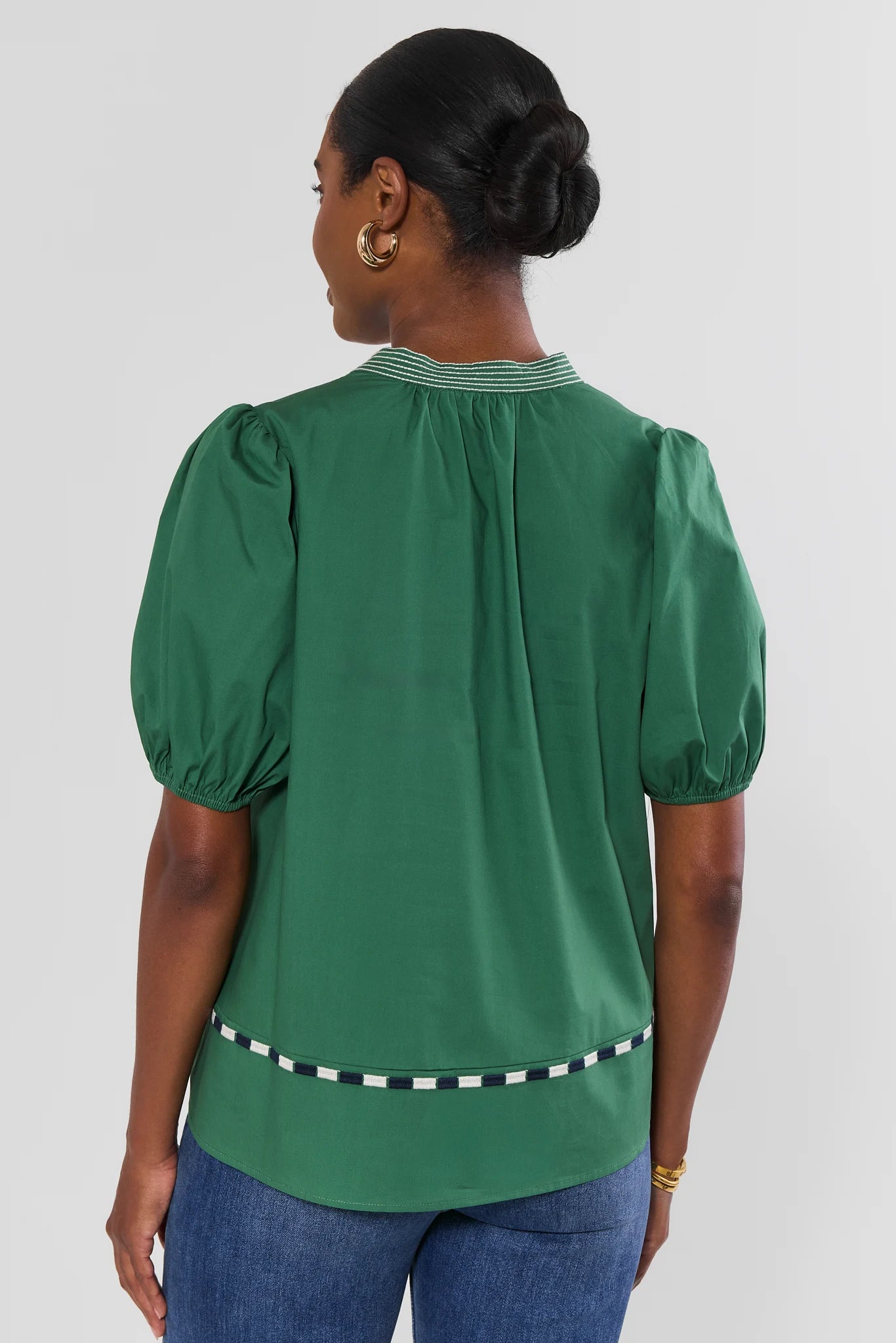 Green Contrast Embroidery Split Neck Top