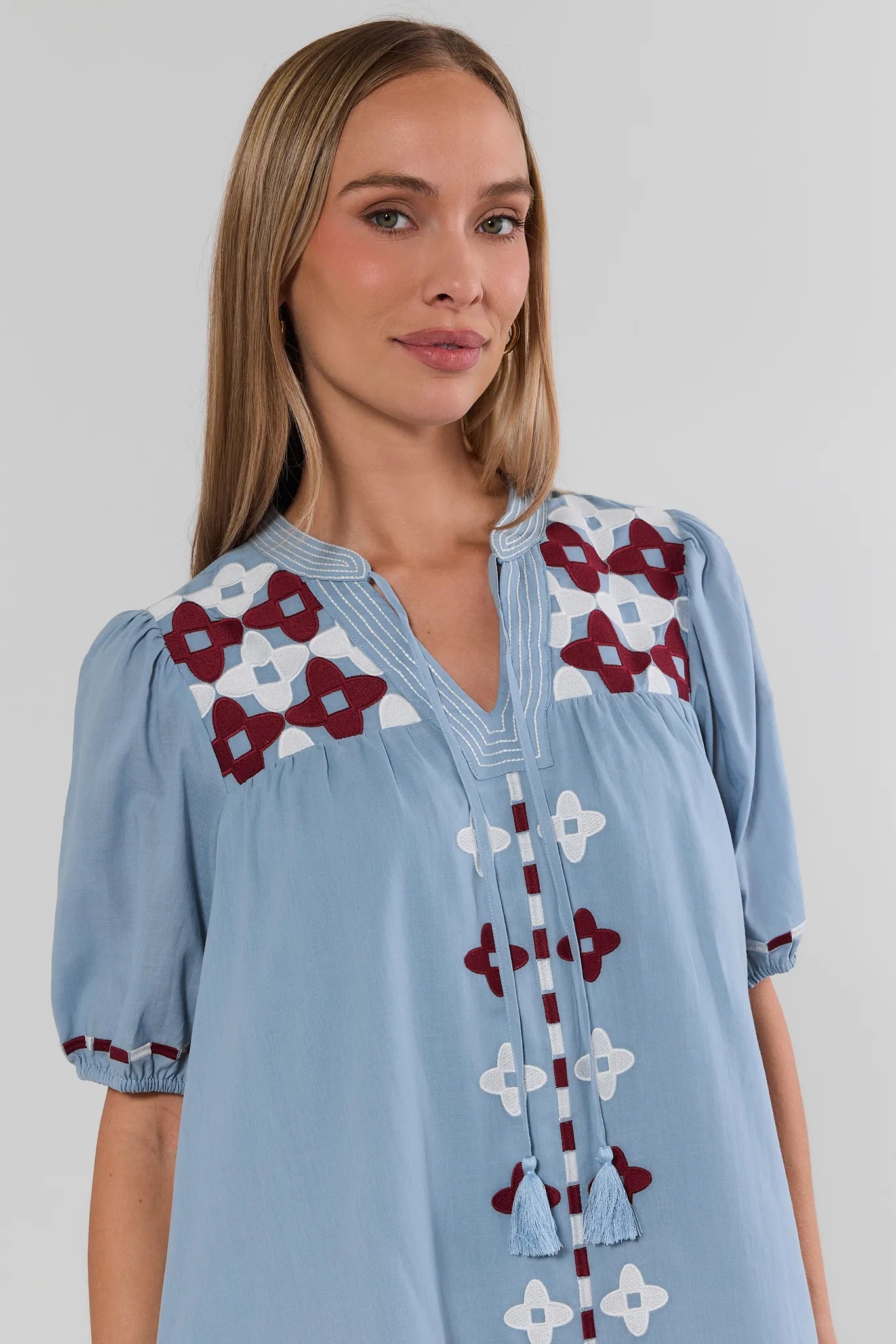 Blue Embroidered Tassel Detail Short Dress