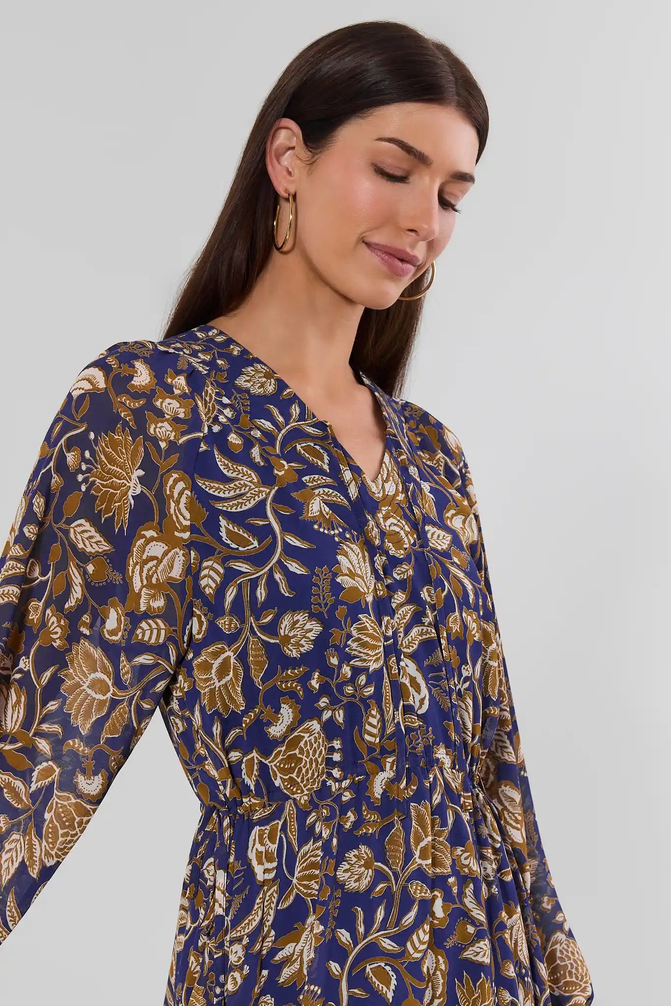 Navy Floral Print Long Sleeve Midi Dress