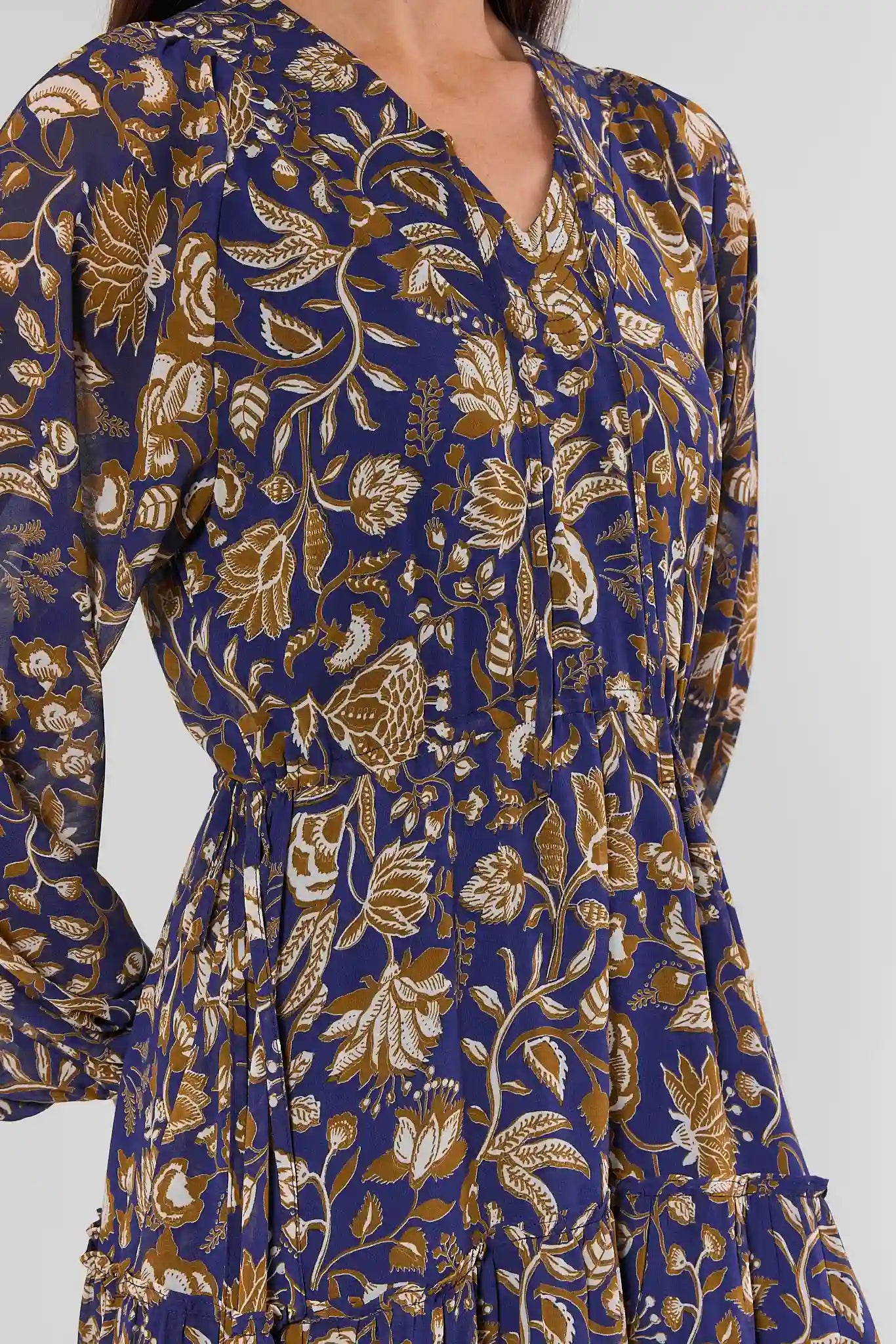 Navy Floral Print Long Sleeve Midi Dress