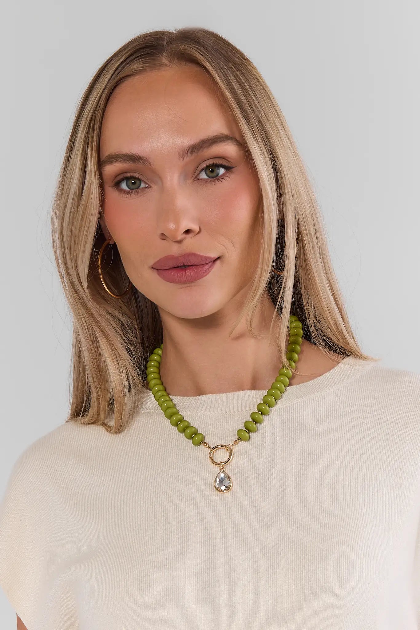 Green Beaded Rhinestone Charm Necklace