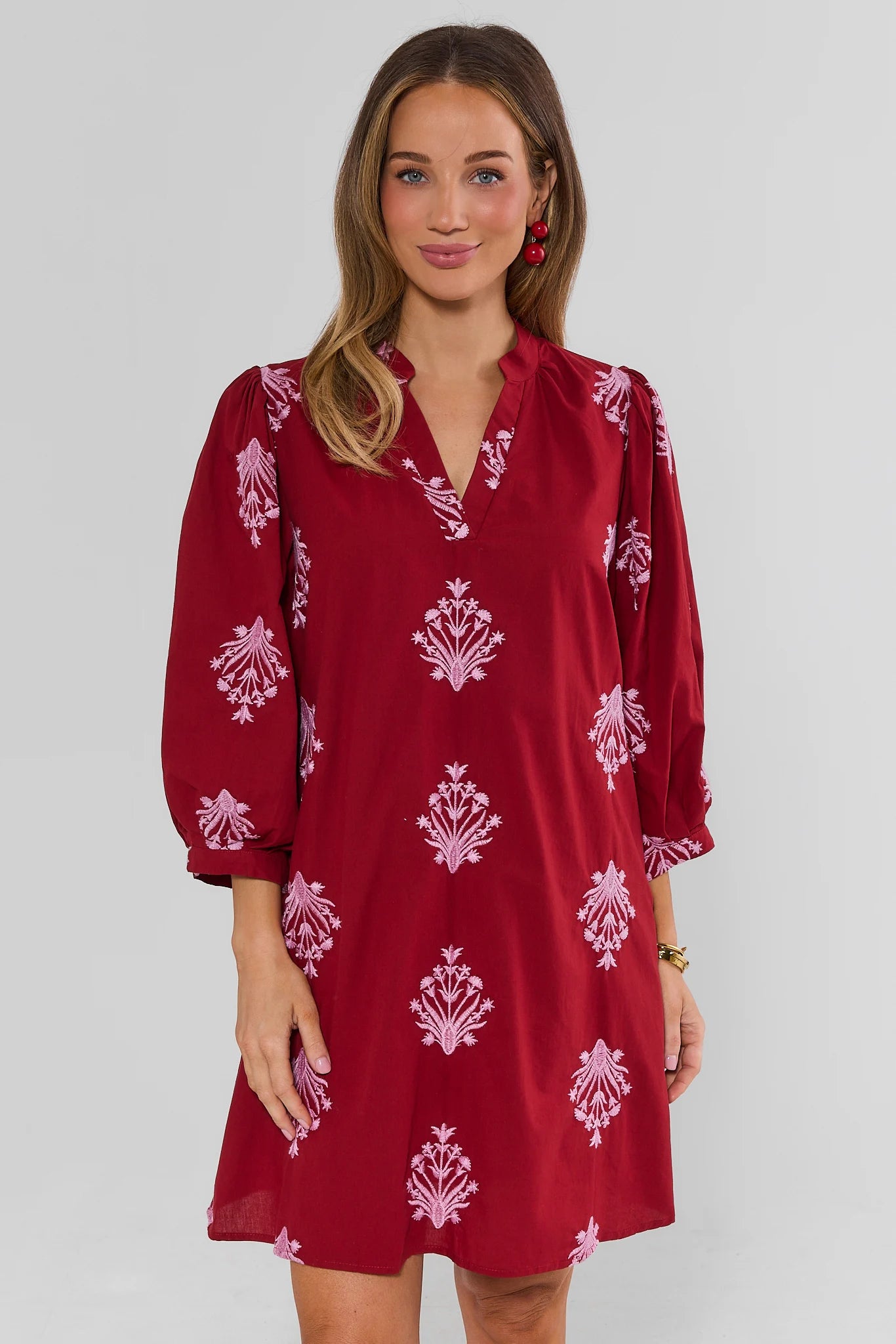 Burgundy Embroidered Split Neck Short Dress