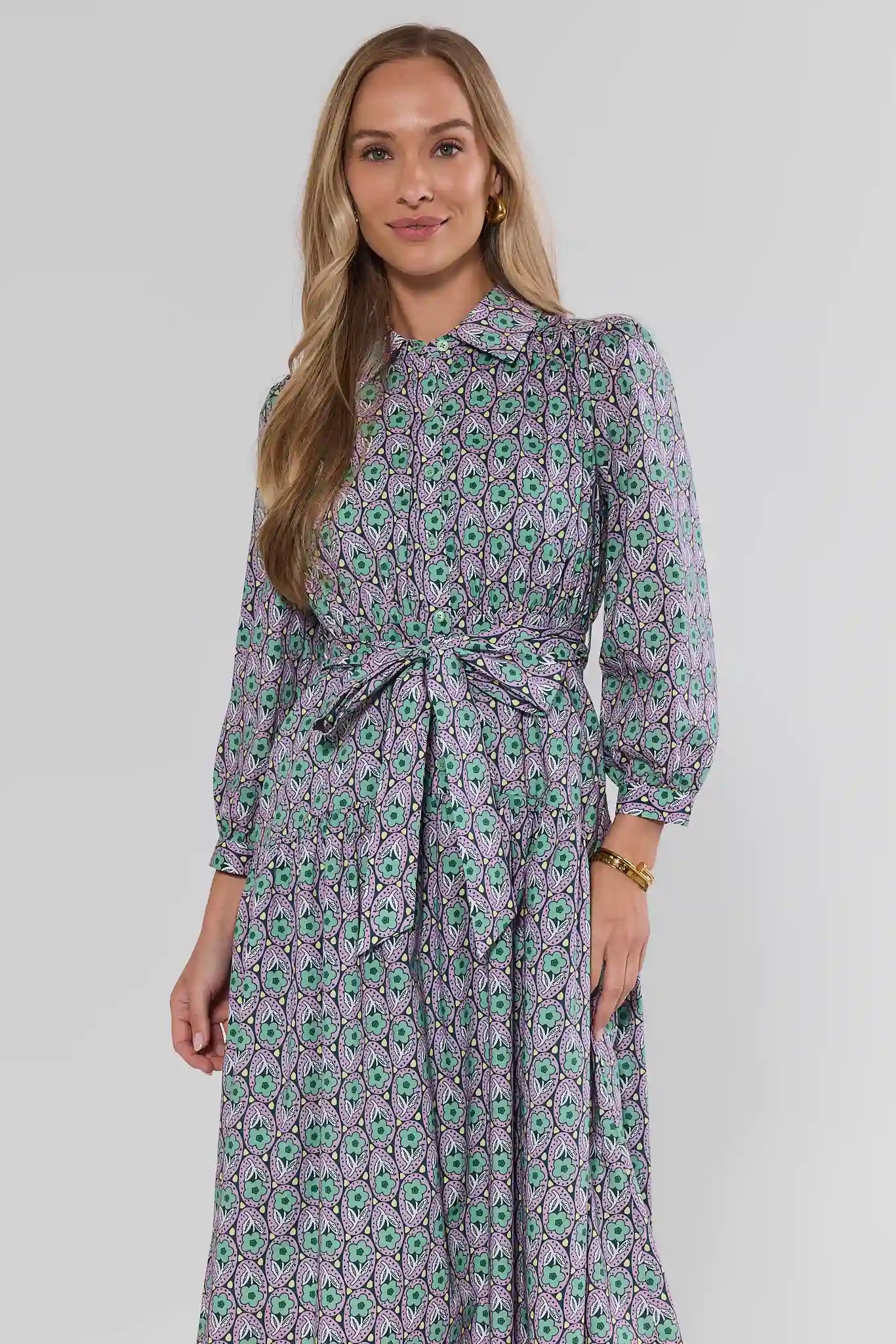 Green Floral Printed Collared Midi Dress
