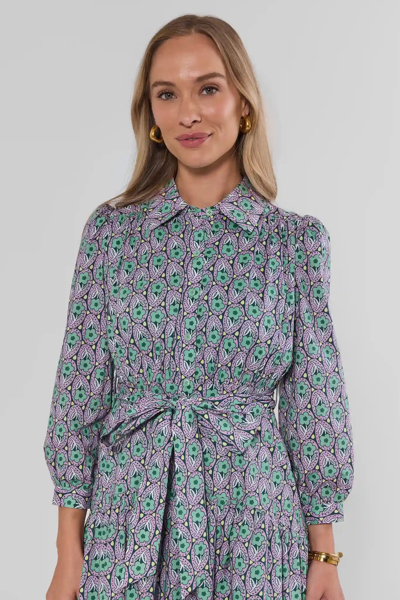 Green Floral Printed Collared Midi Dress
