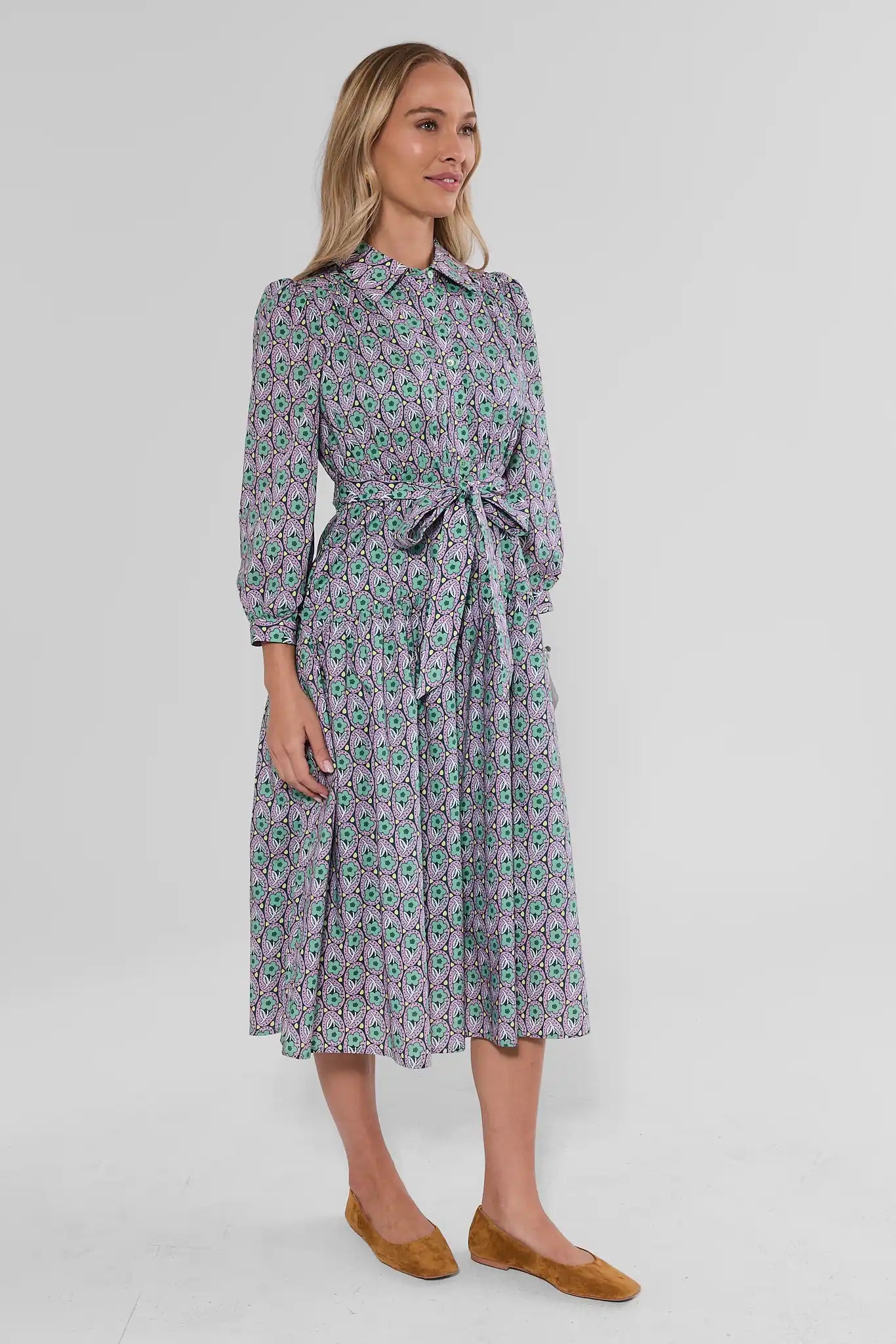 Green Floral Printed Collared Midi Dress