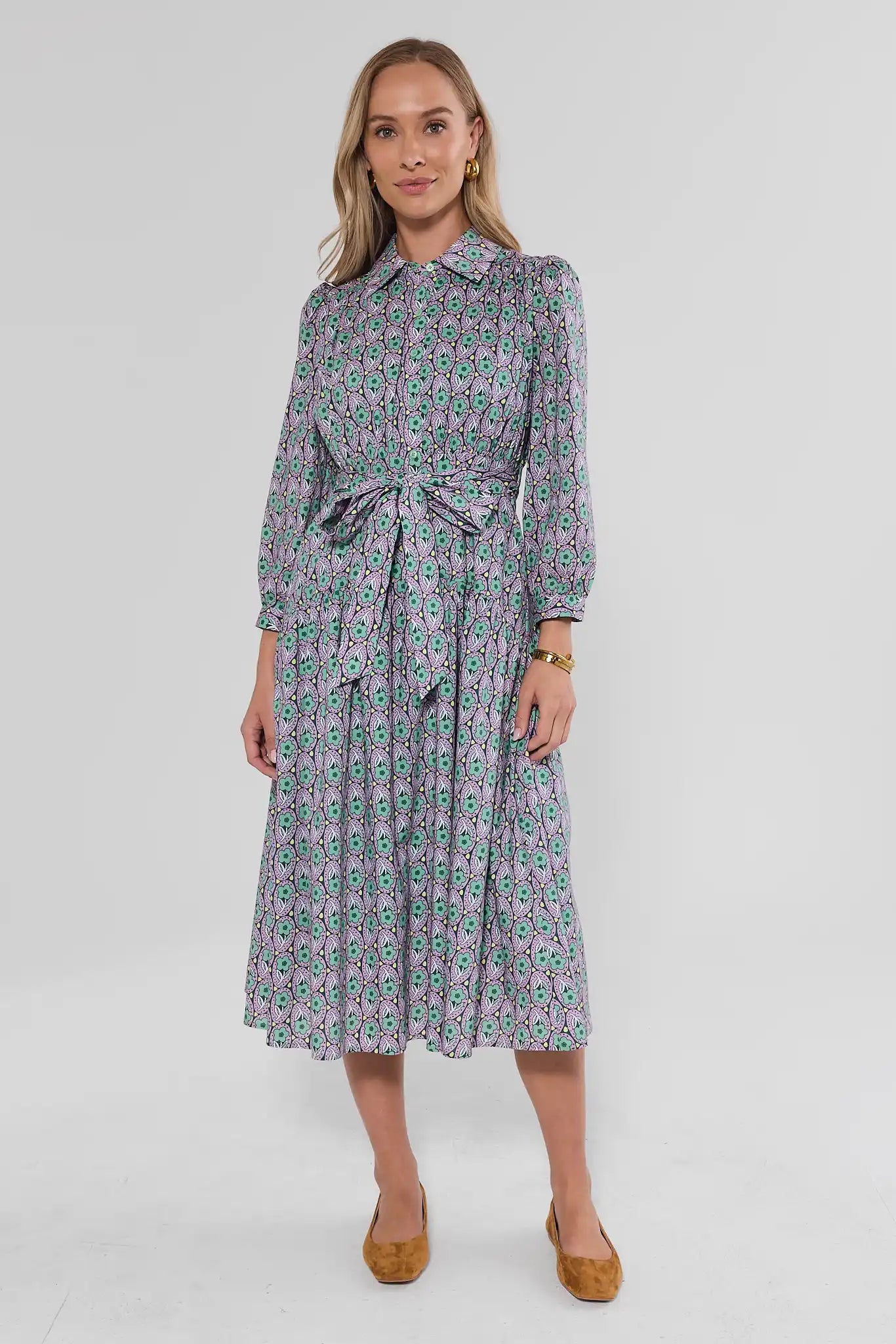 Green Floral Printed Collared Midi Dress
