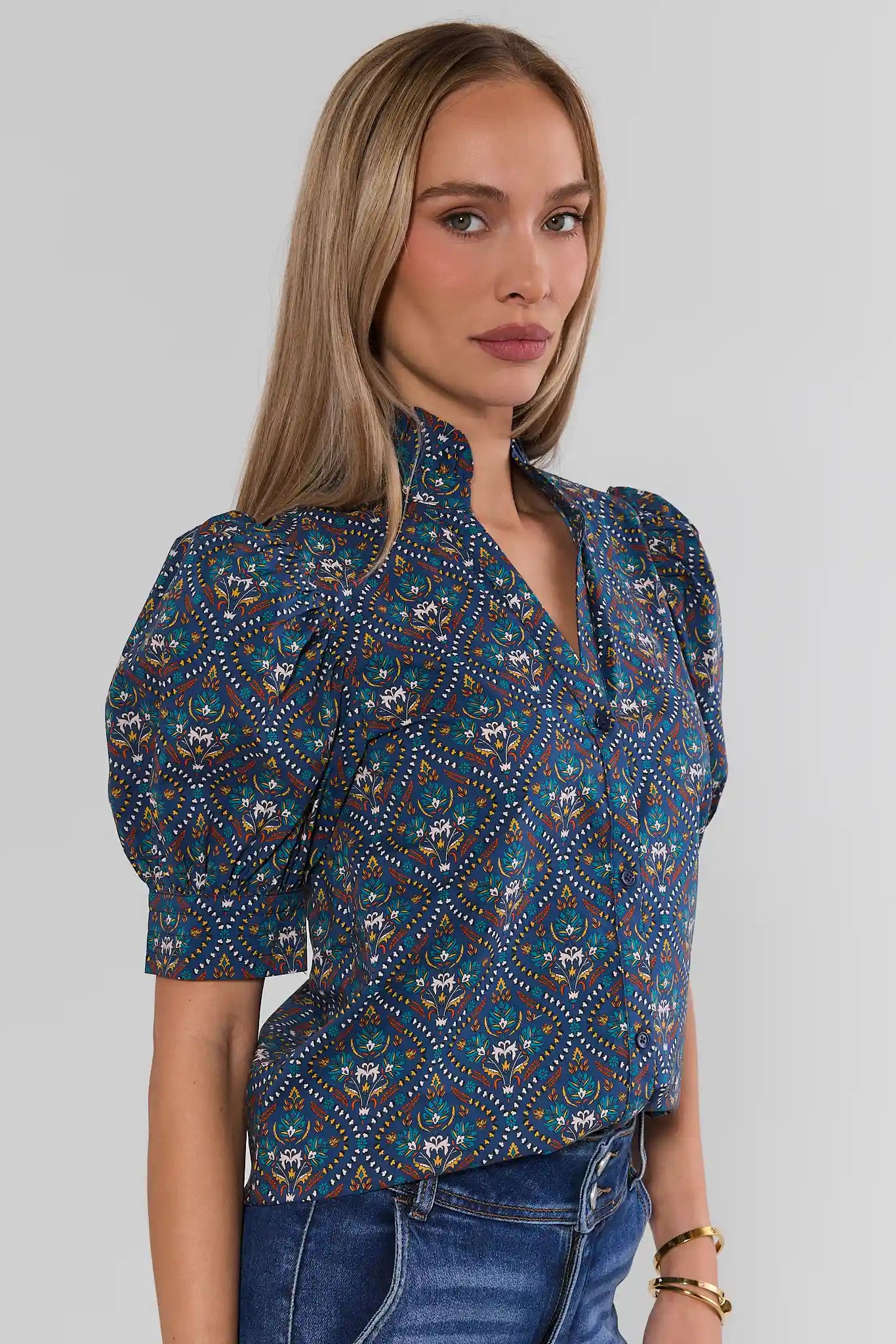 Allison Navy Printed Split Neck Top