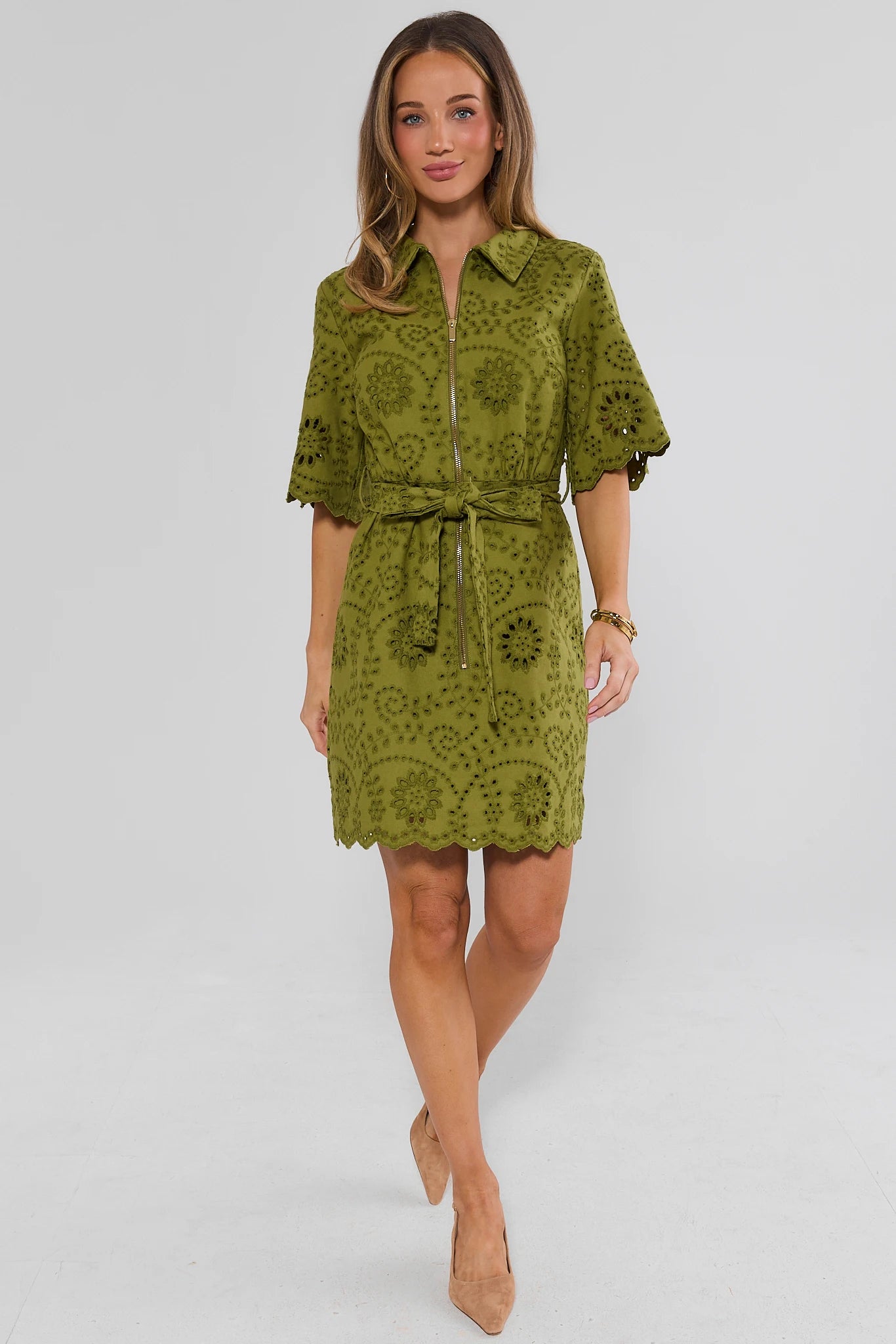 Green Eyelet Zip Up Short Dress