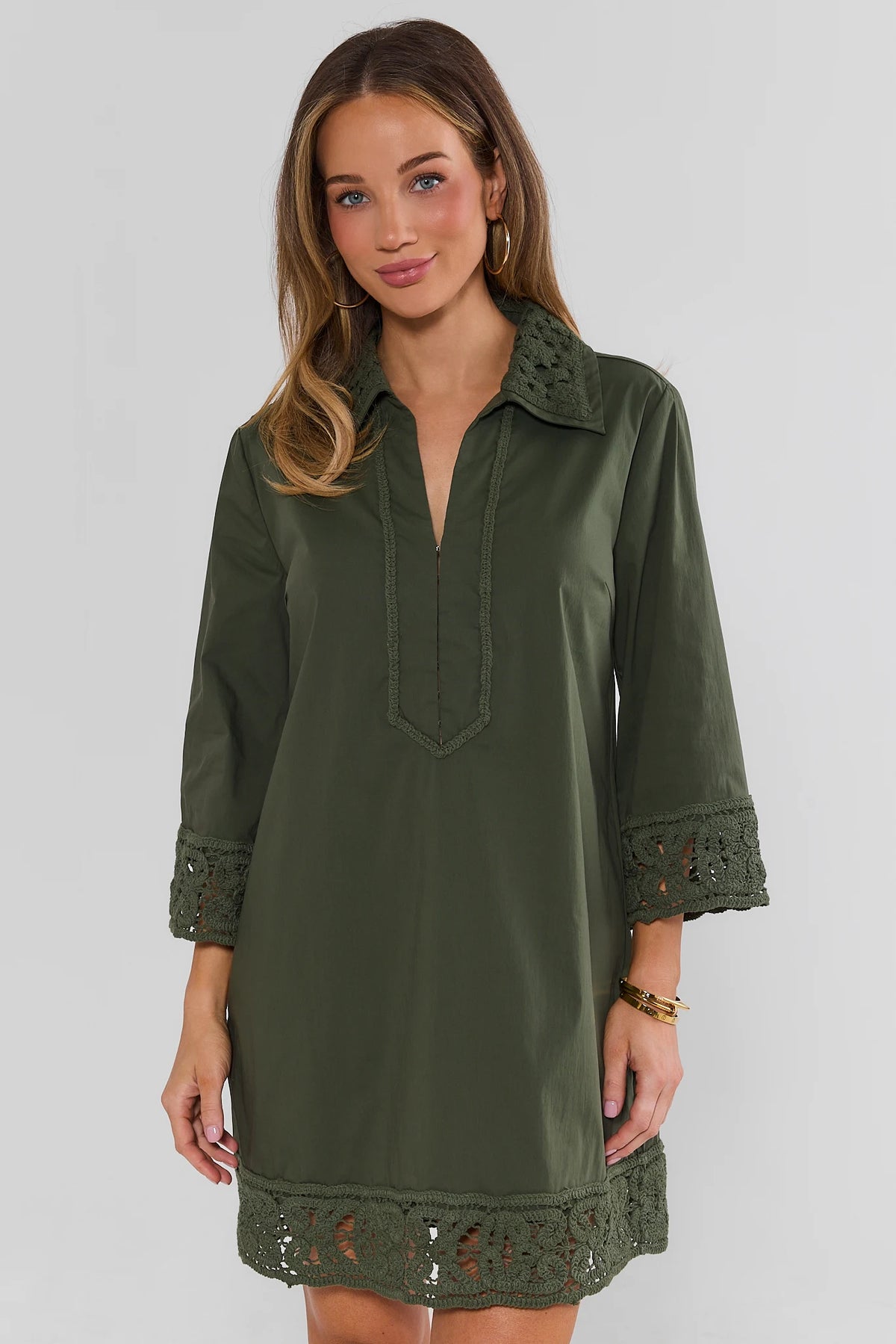 dress with crochet trim Green Tunic holiday 2018 Talking Film Costume: To Model is 54 wears Color Name:Brown Multi