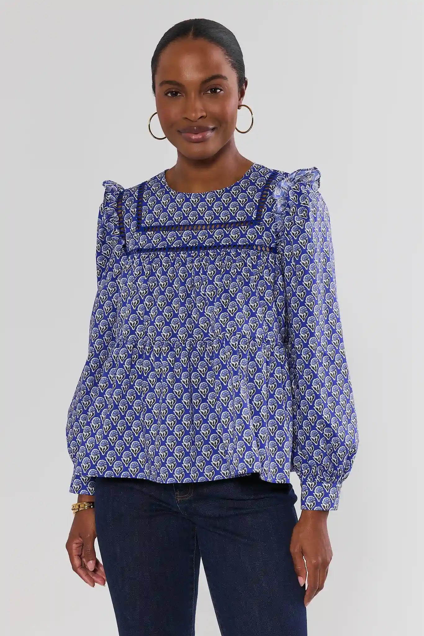 Gemma Blue Floral Ruffle Detail Top