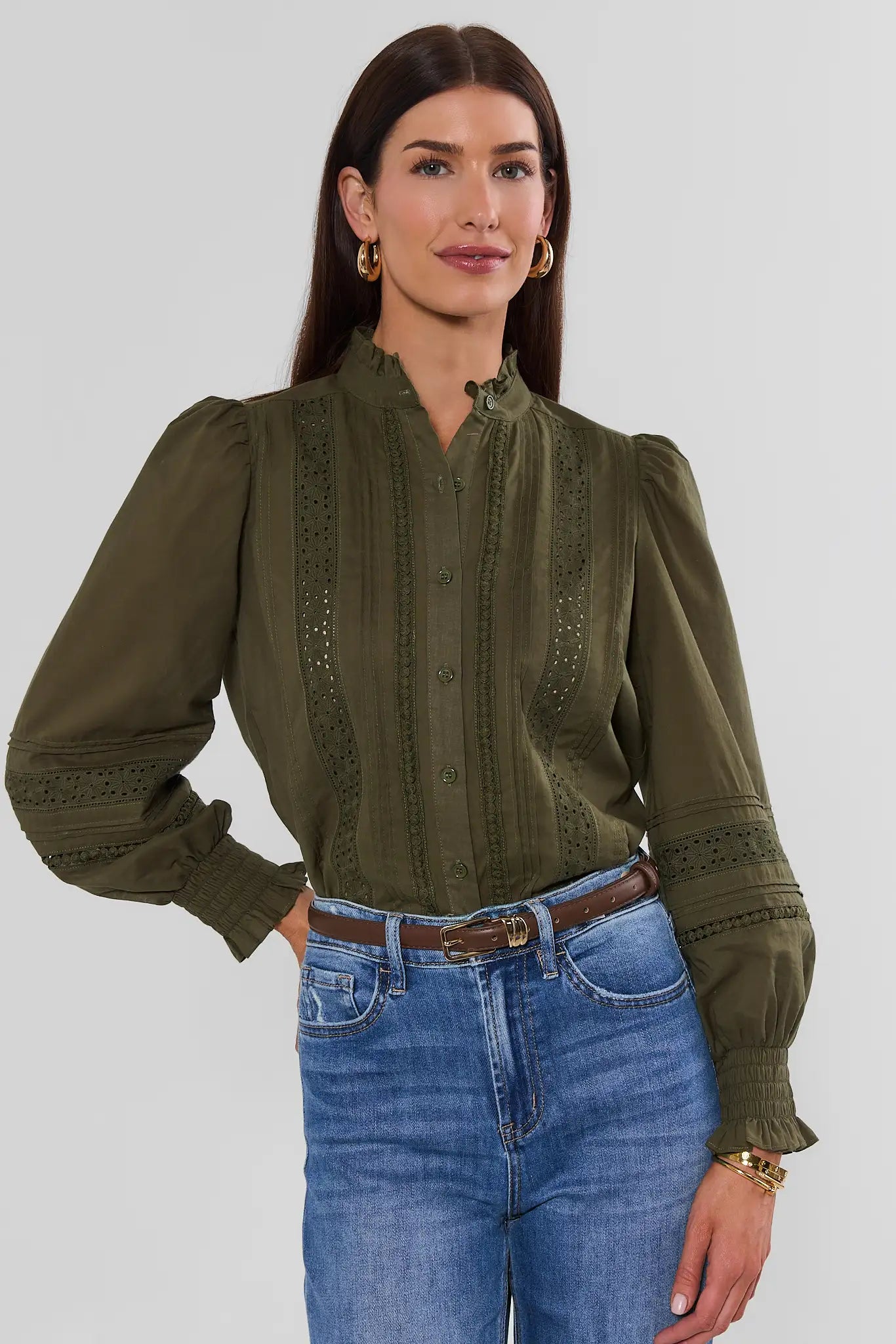 Green Lace Detail Button Up Top