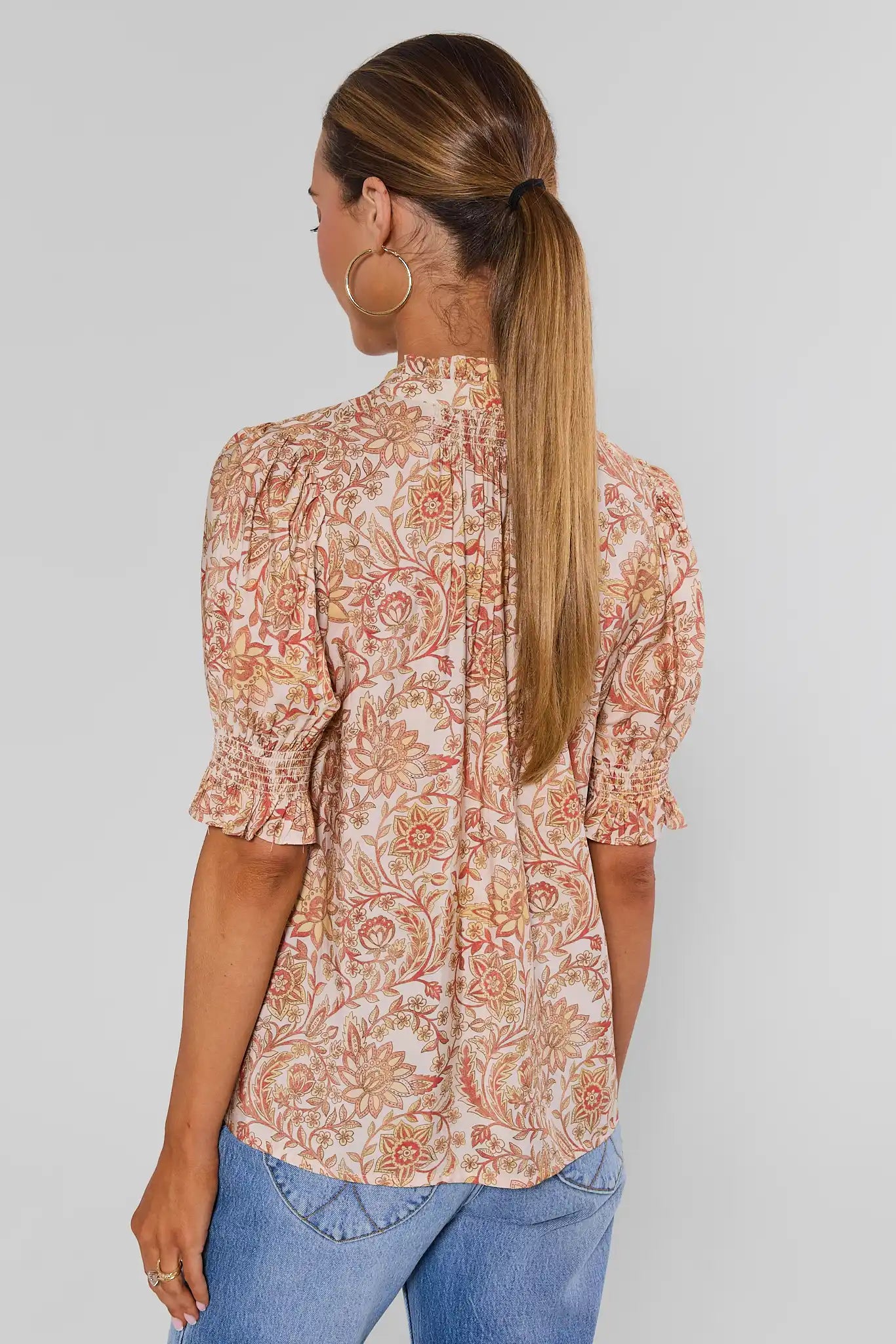 Cream Floral Printed Button Up Top