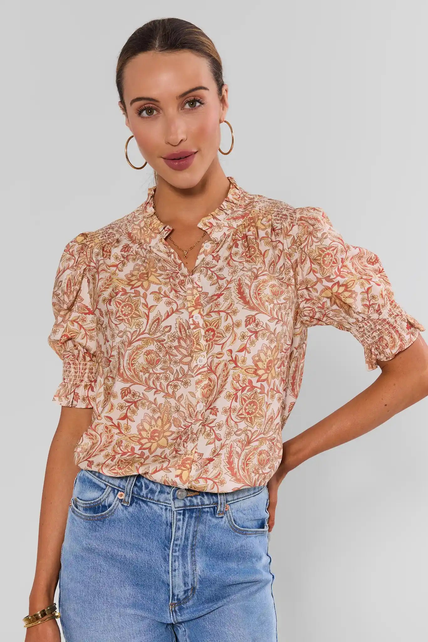 Cream Floral Printed Button Up Top