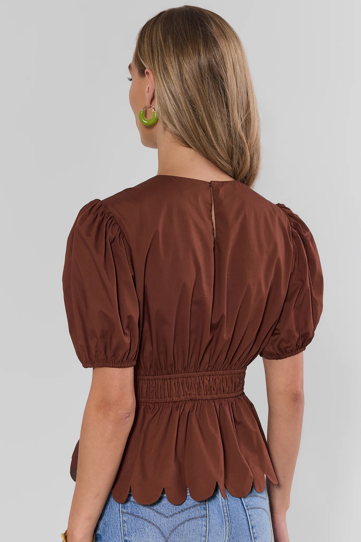 Brown Scalloped Peplum Top