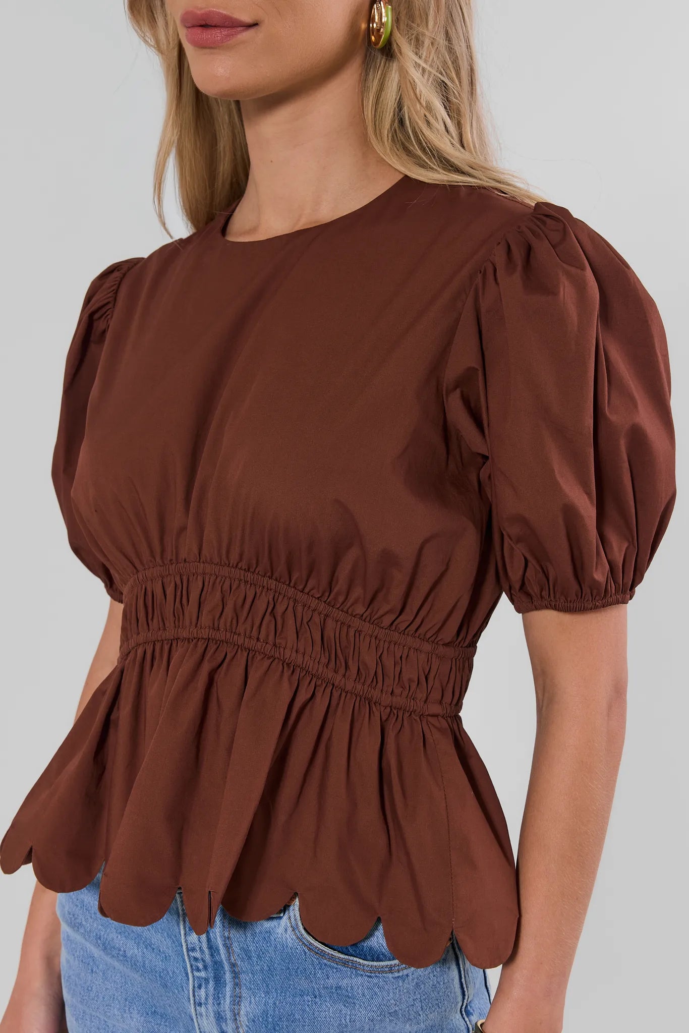 Brown Scalloped Peplum Top