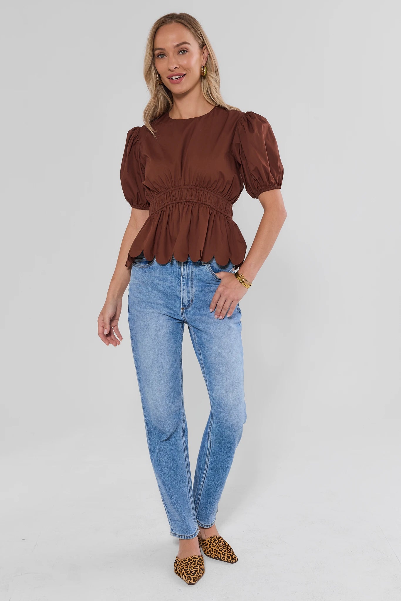 Brown Scalloped Peplum Top