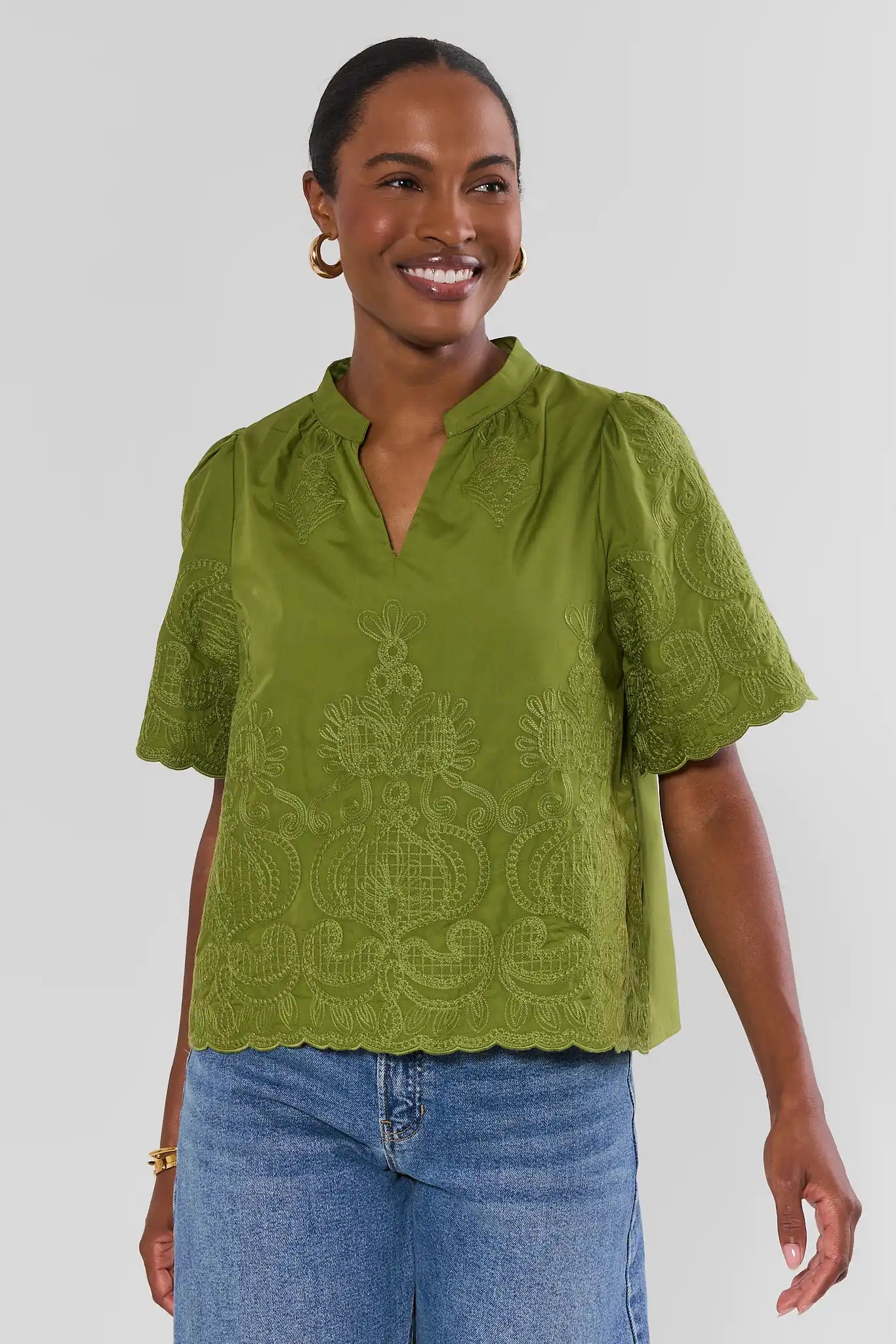 Green Embroidered Split Neck Top
