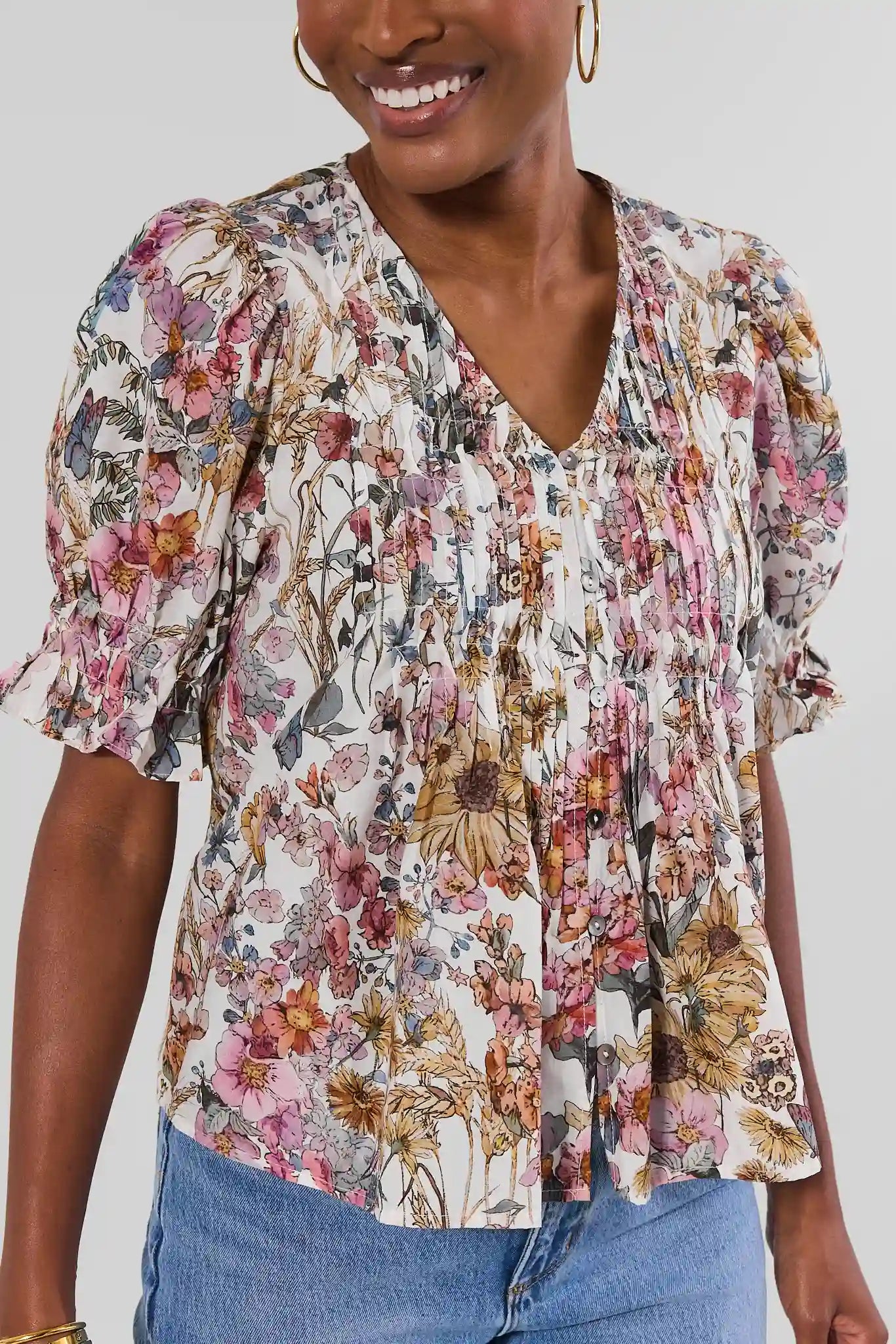 Mallory White Floral Pleated Top