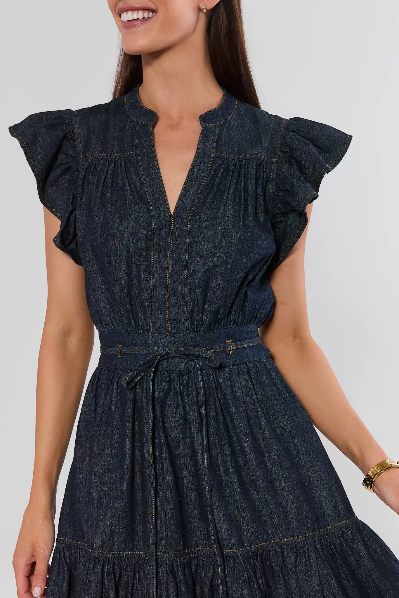 Dark Wash Split Neck Midi Dress