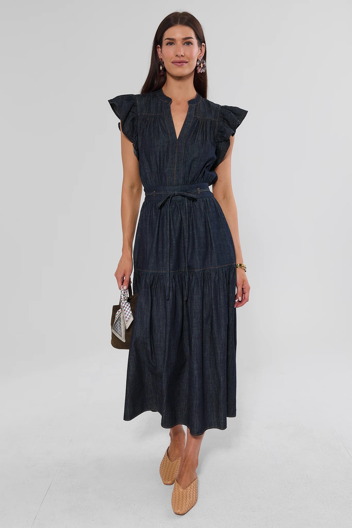 Dark Wash Split Neck Midi Dress