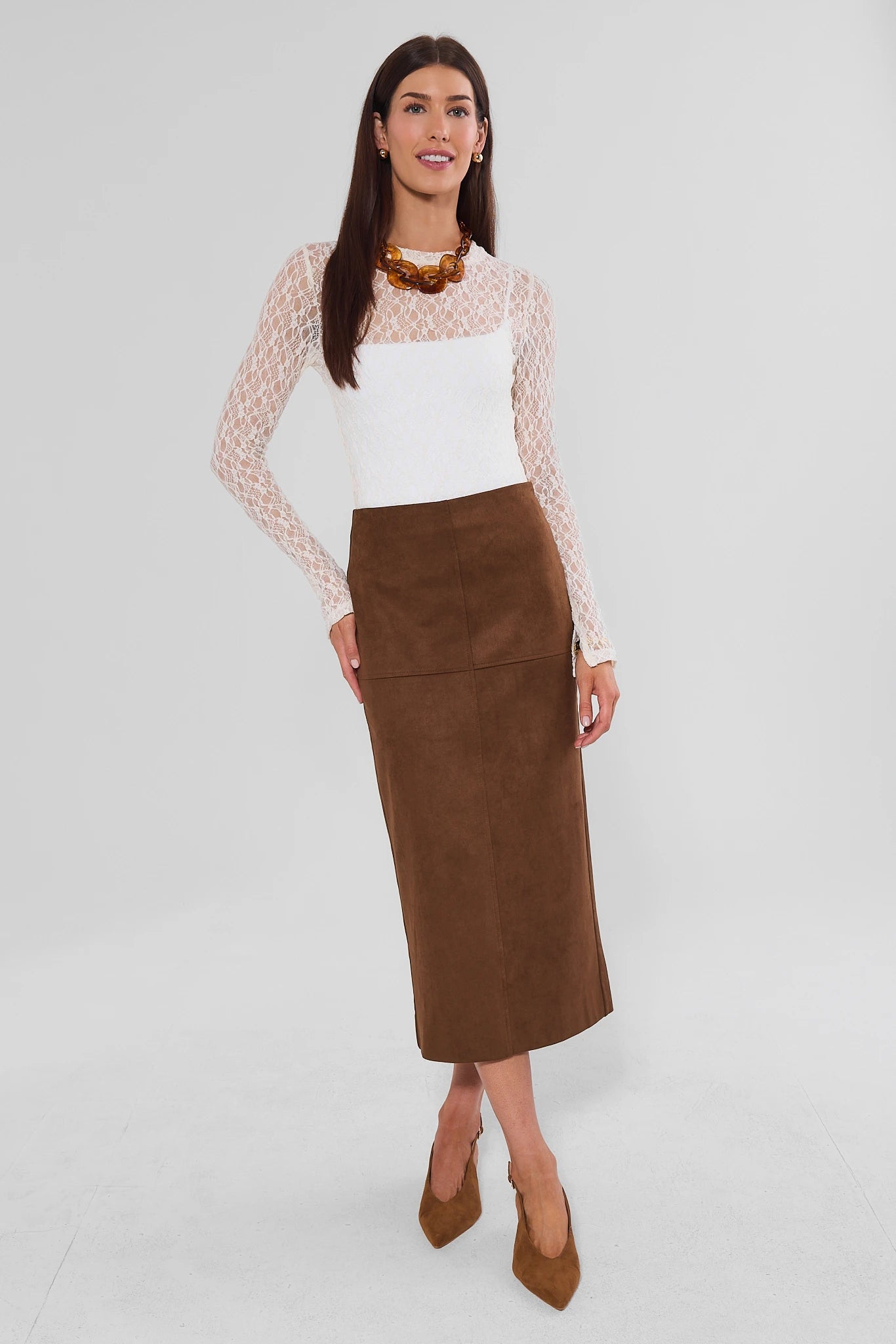 Annalise Brown Faux Suede Midi Skirt