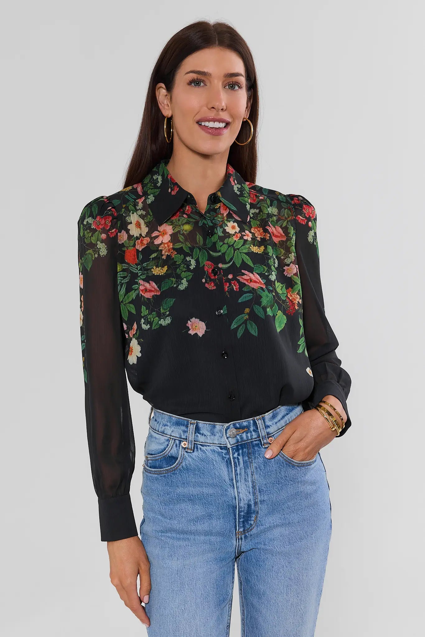 Alena Black Sheer Floral Print Top