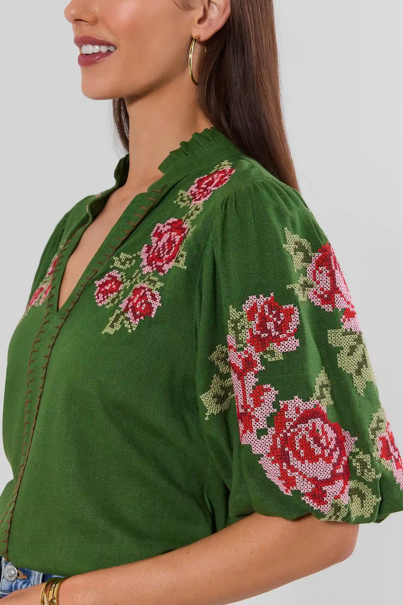 Green Embroidered Detail Top by THML